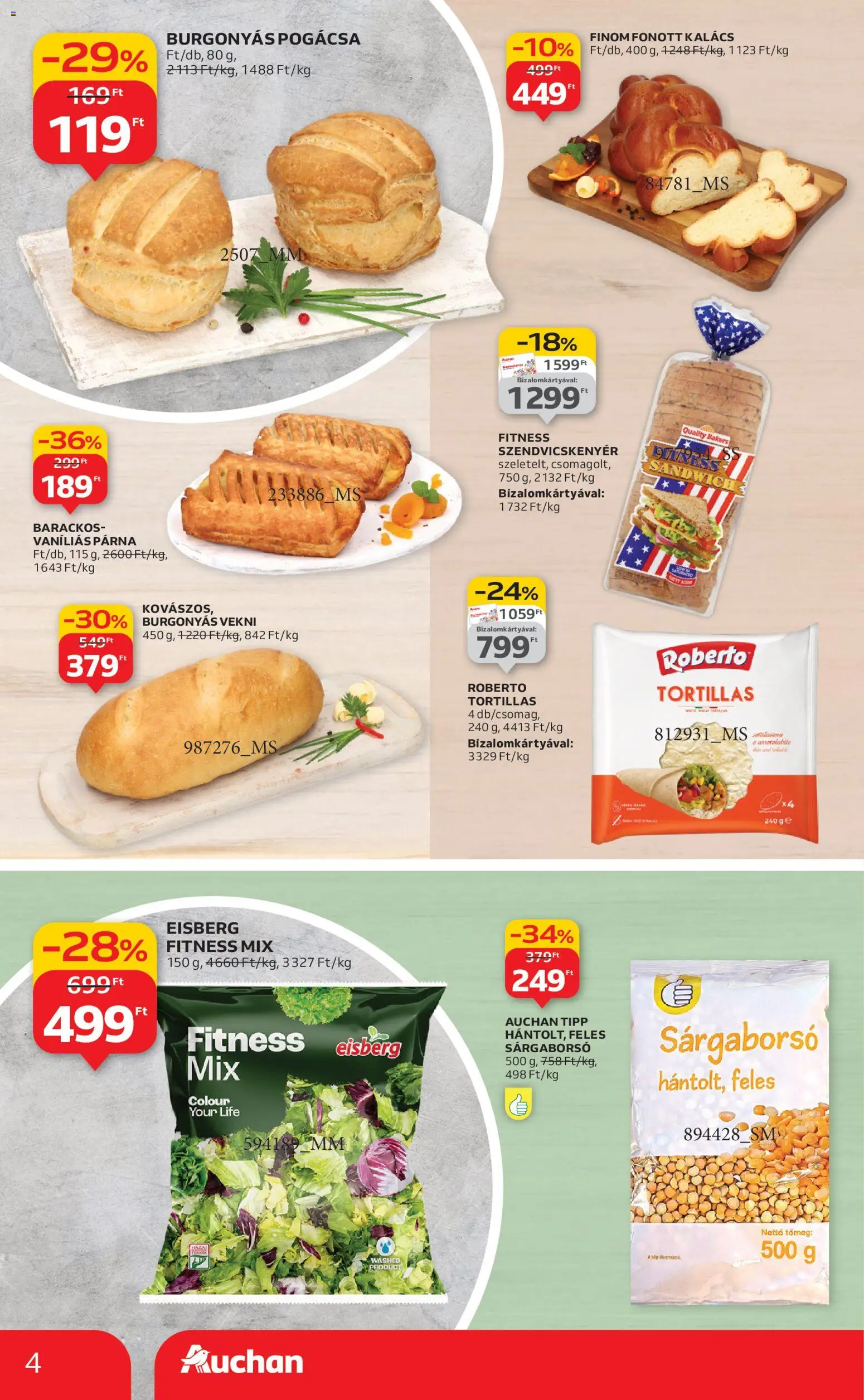 Auchan akciós ujság - amely érvényes a következő dátumtól: 02.01.2026 | Oldal: 4 | Termékek: Szendvicskenyér, Kalács, Párna, Pogácsa