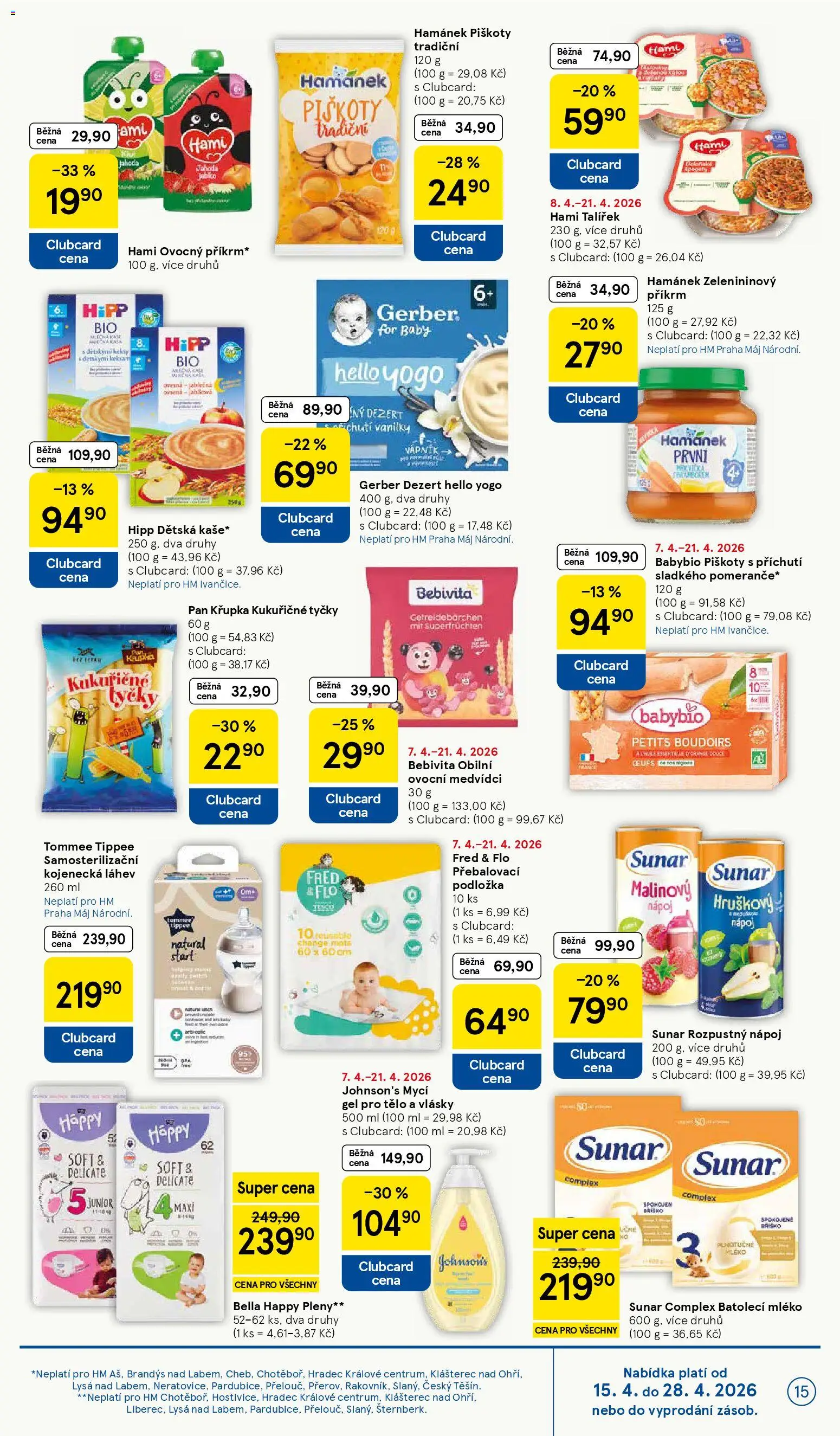 Tesco leták - Hypermarket od 15.04.2026 | Strana: 15 | Produkty: Přebalovací podložka, Sunar, Mycí gel, Příkrm