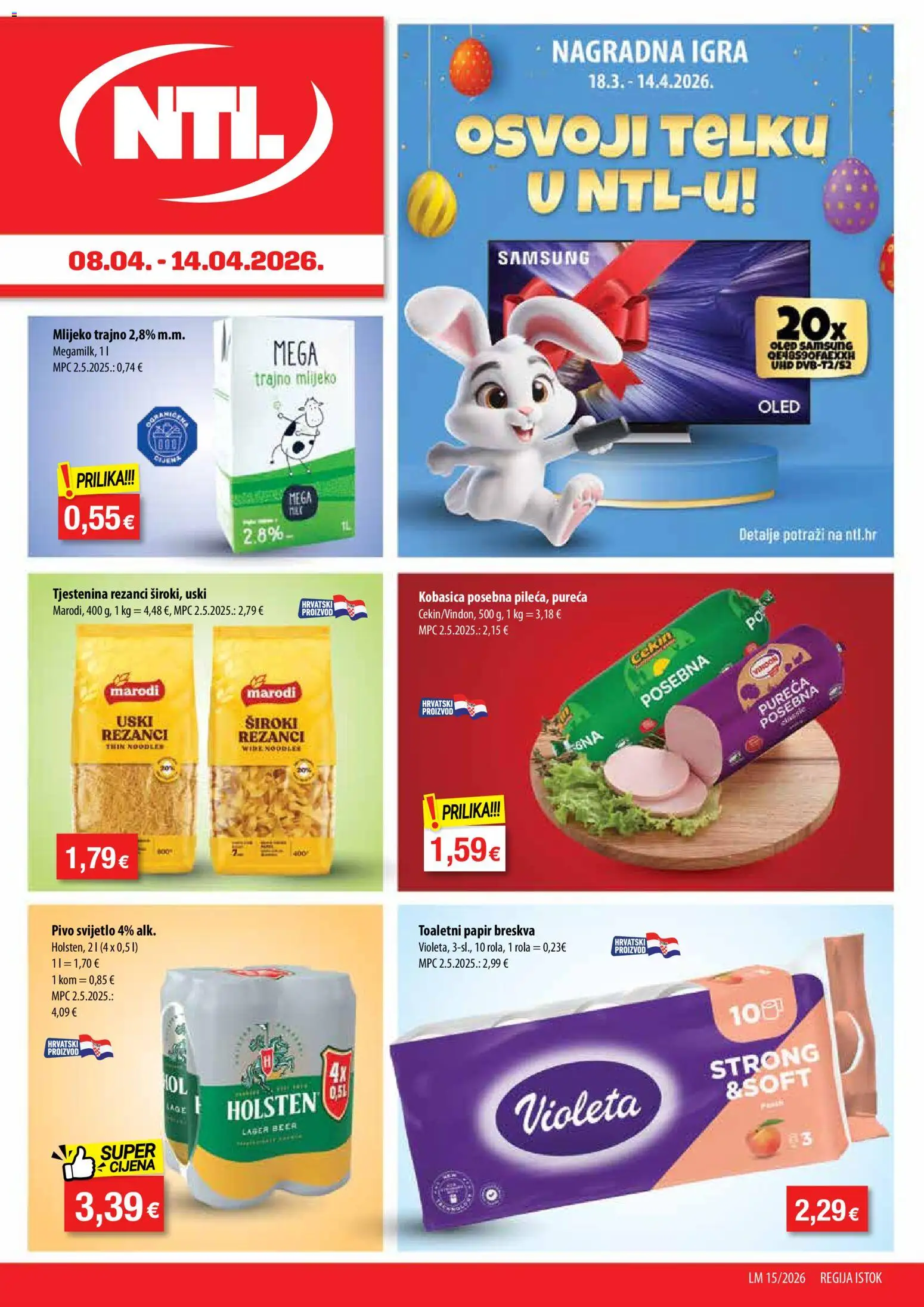 NTL katalog | vrijedi od 08.04.2026 | Stranica: 1 | Proizvodi: Mlijeko, Tjestenina, Toaletni papir, Violeta