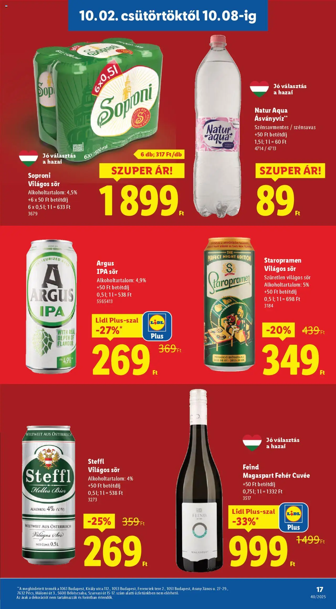 Lidl akciós ujság - amely érvényes a következő dátumtól: 02.10.2025 | Oldal: 17 | Termékek: Alkohol, Steffl, Ásványvíz, Sör