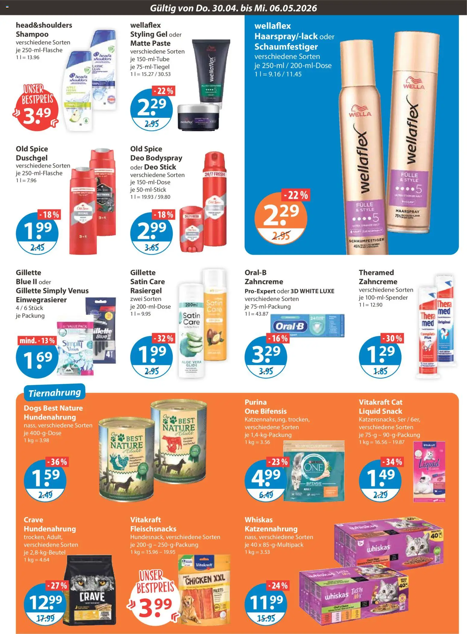 V-Markt Schwaben / Oberbayern – gültig ab 30.04.2026 | Seite: 13 | Produkte: Shampoo, Haarspray, Deo Stick, Whiskas