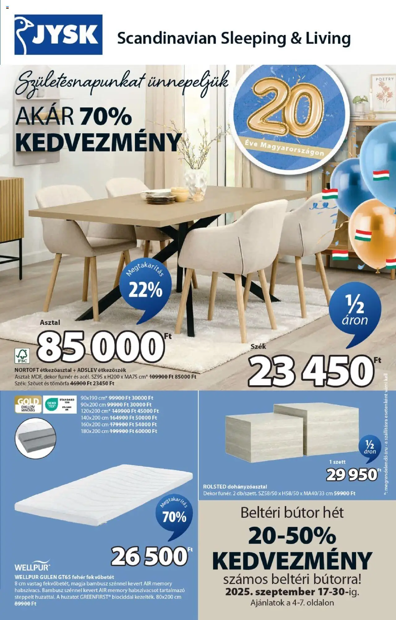 JYSK akciós ujság - amely érvényes a következő dátumtól: 17.09.2025 | Oldal: 1 | Termékek: Étkezőasztal, Bútor, Étkezőszék, Dohányzóasztal