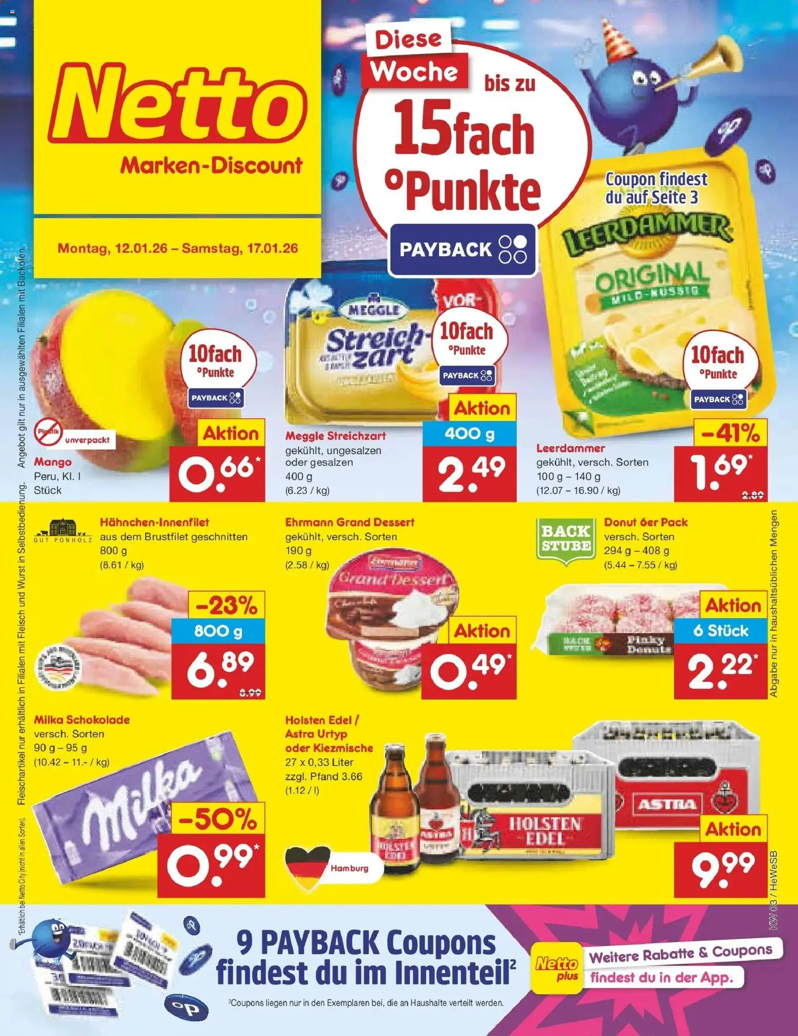 Netto Marken-Discount prospekt Hamburg	 – gültig ab 12.01.2026 | Seite: 1 | Produkte: Milka schokolade, Holsten, Mango, Wurst
