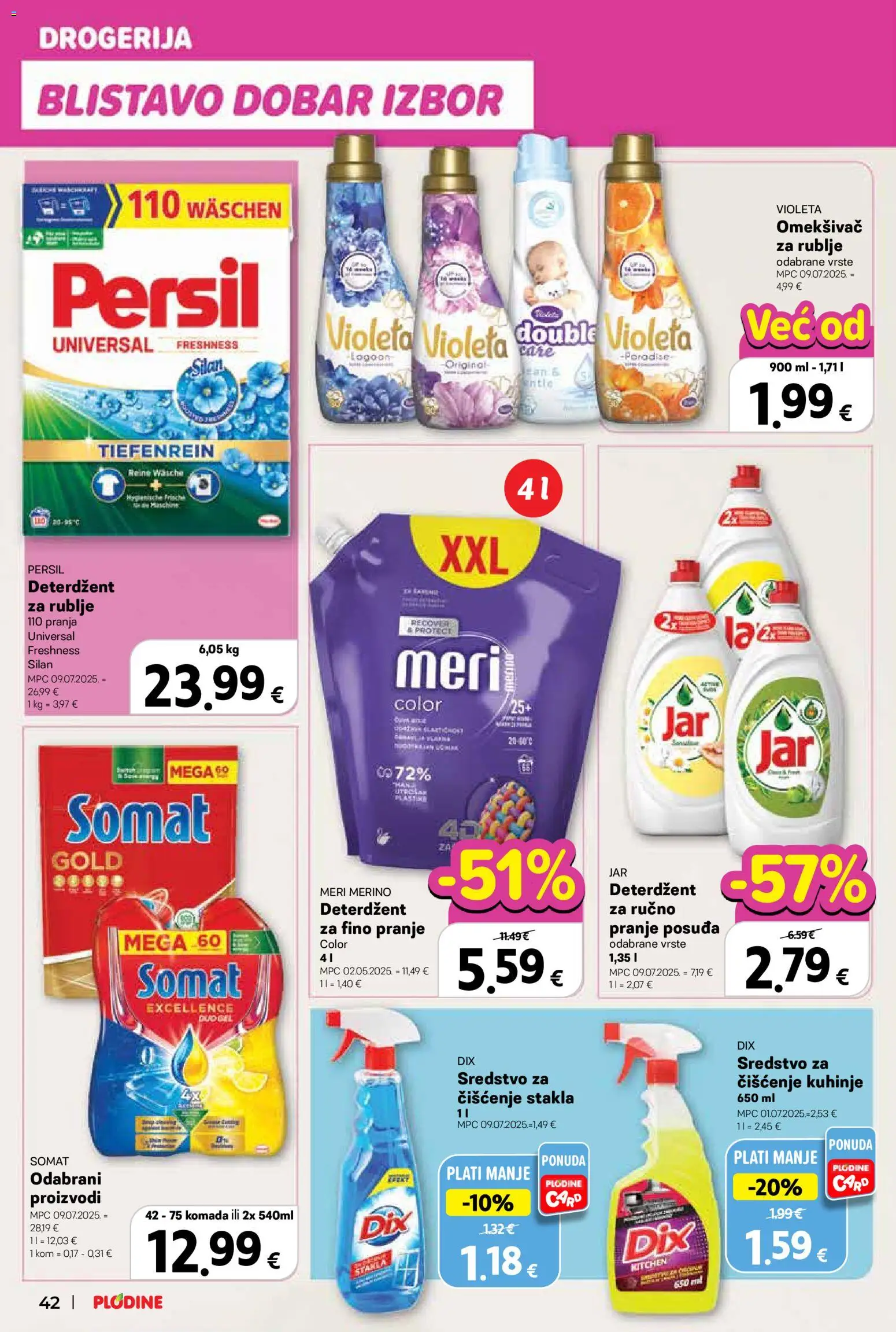Plodine katalog | vrijedi od 25.03.2026 | Stranica: 42 | Proizvodi: Deterdžent, Somat, Violeta, Meri Merino