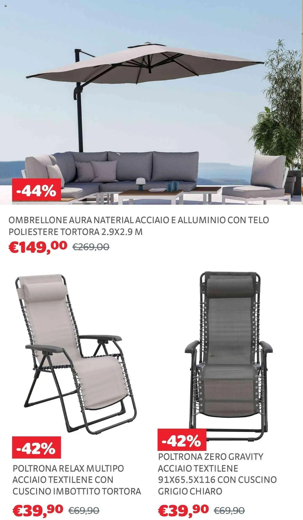 Volantino Brico Center del 30.07.2025 | Pagina: 34 | Prodotti: Ombrellone, Alluminio, Cuscino, Poltrona