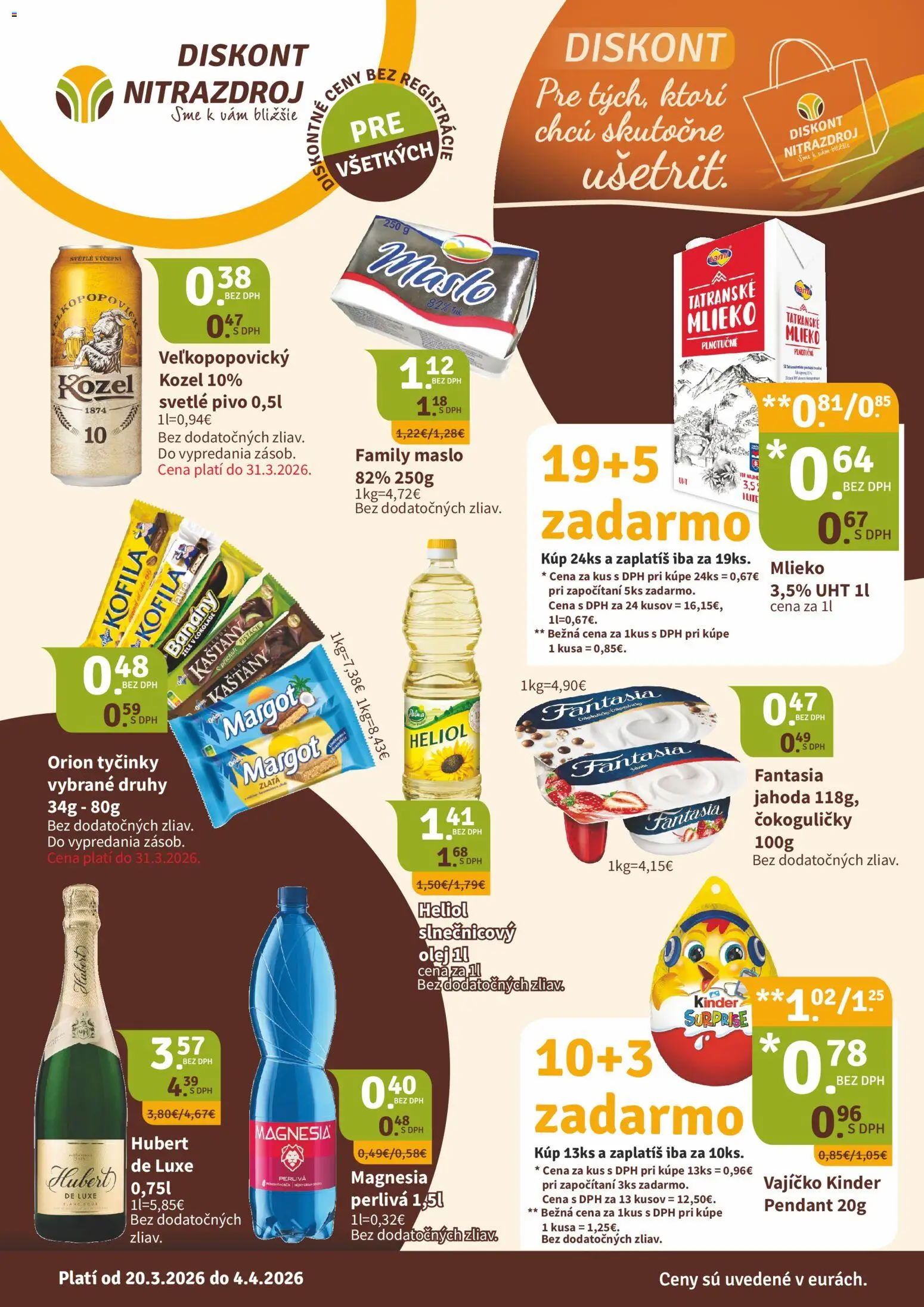 Nové Nitrazdroj akcie – leták je platný od 18.03.2026 | Strana: 1 | Produkty: Maslo, Pivo, Banány, Kinder