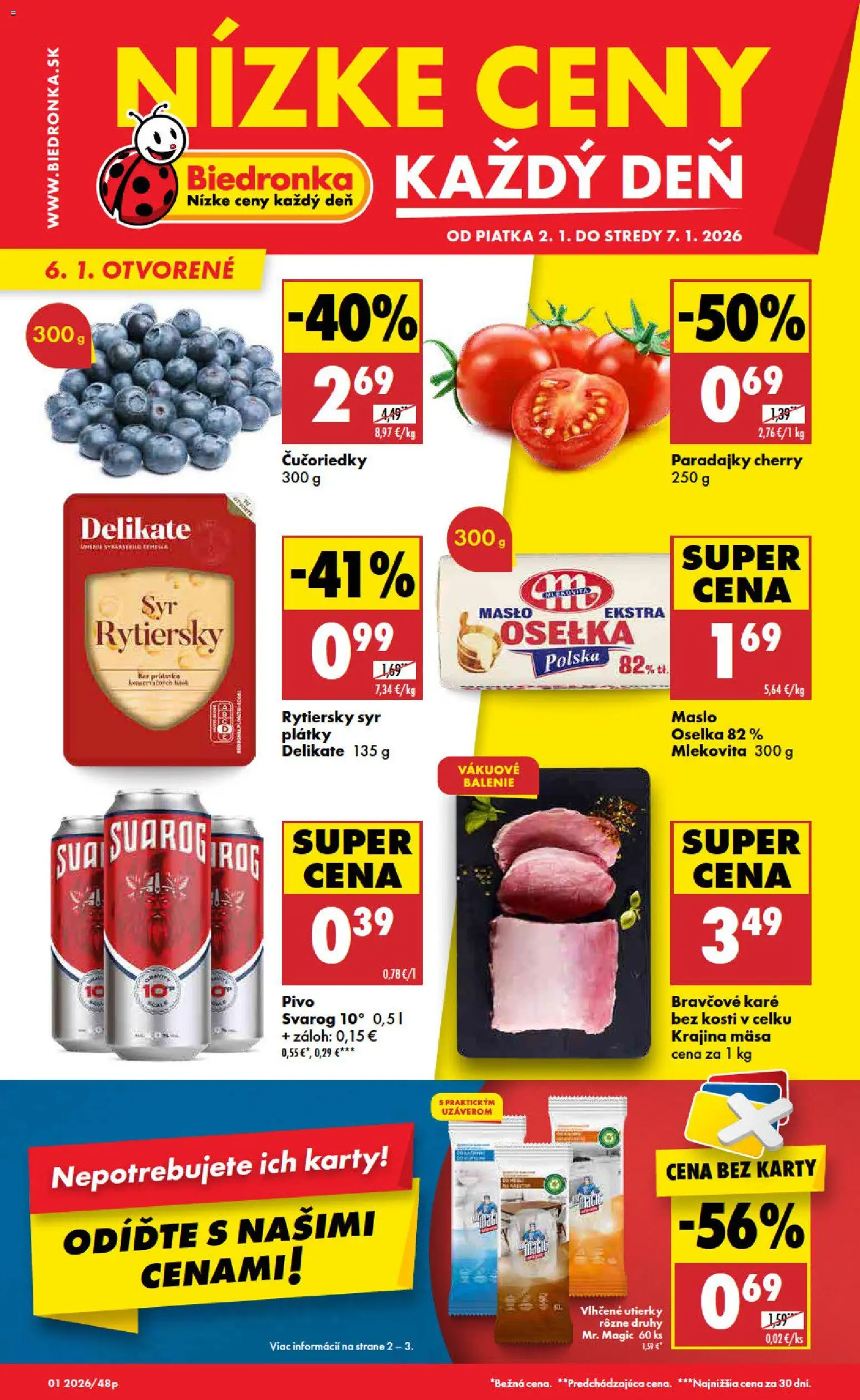 Nové Biedronka akcie – leták je platný od 02.01.2026 | Strana: 1 | Produkty: Pivo, Paradajky, Čučoriedky, Bravčové karé