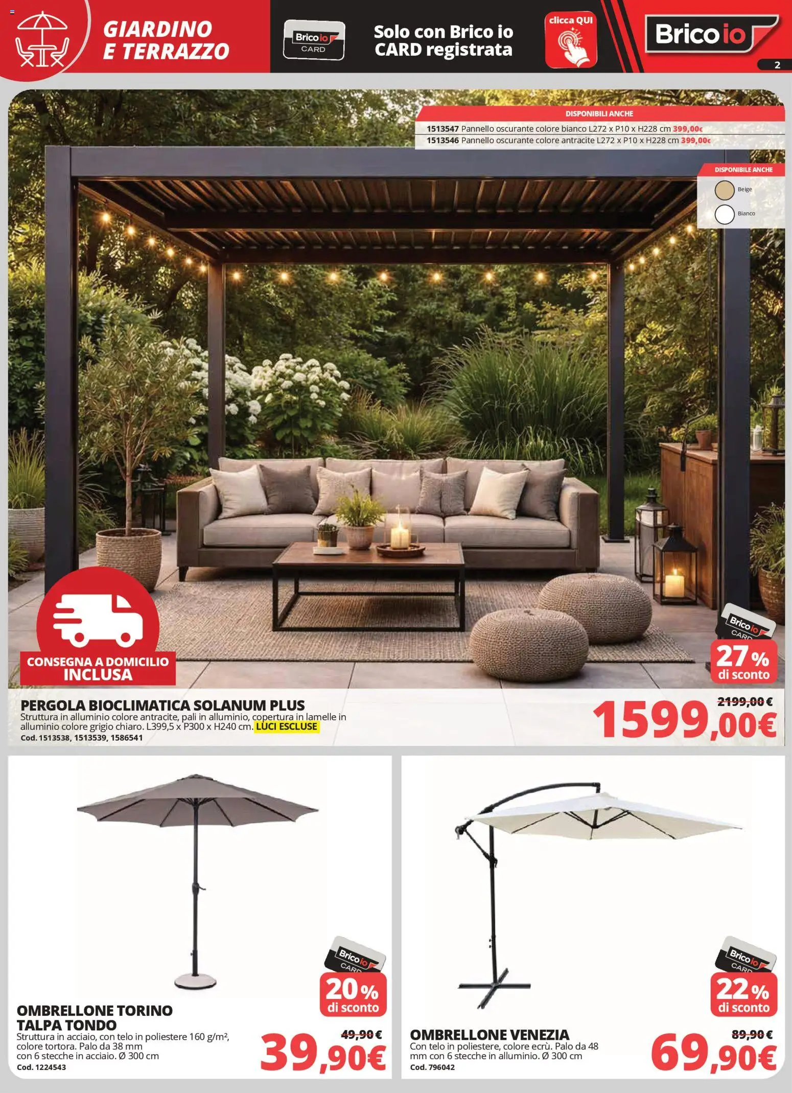 Volantino Brico io del 02.04.2026 | Pagina: 2 | Prodotti: Ombrellone, Pergola, Alluminio