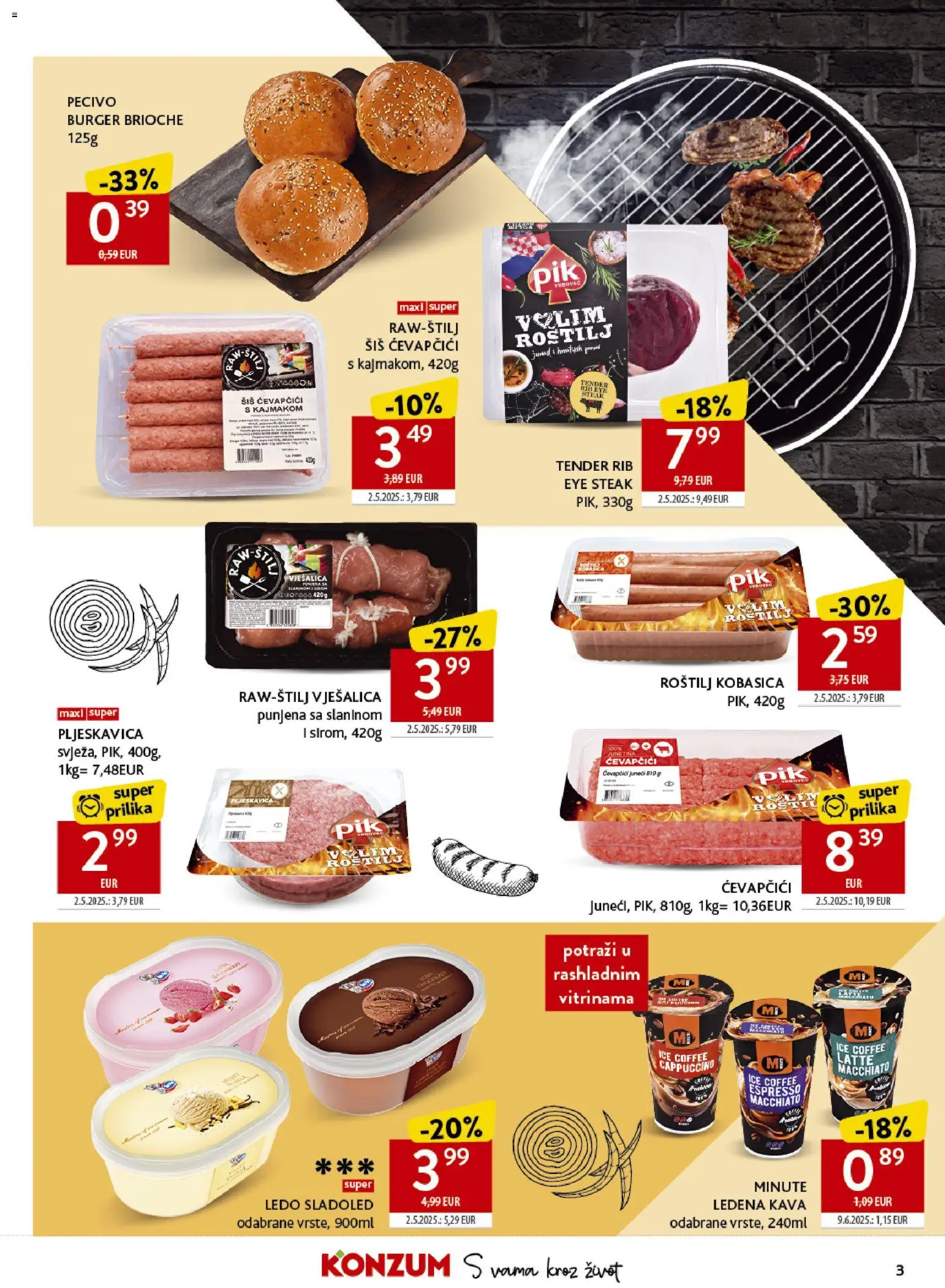 Konzum katalog | vrijedi od 22.04.2026 | Stranica: 3 | Proizvodi: Roštilj, Kava, Ledo, Sladoled