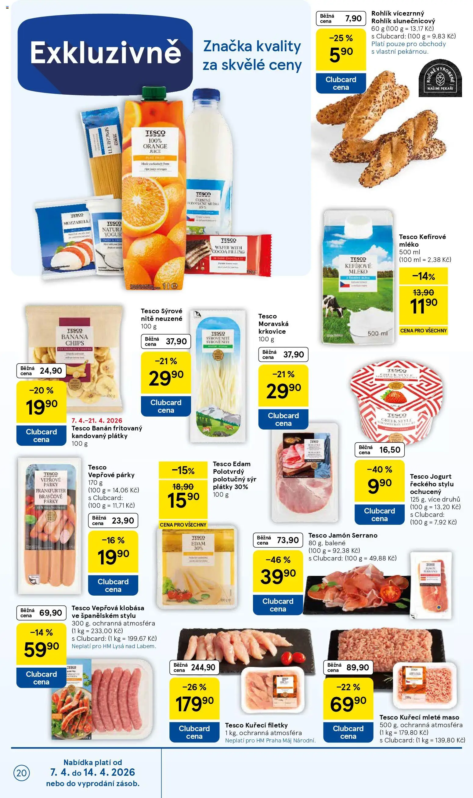 Tesco leták - Hypermarket od 07.04.2026 | Strana: 20 | Produkty: Mléko, Jamón Serrano, Mleté maso, Vepřové párky