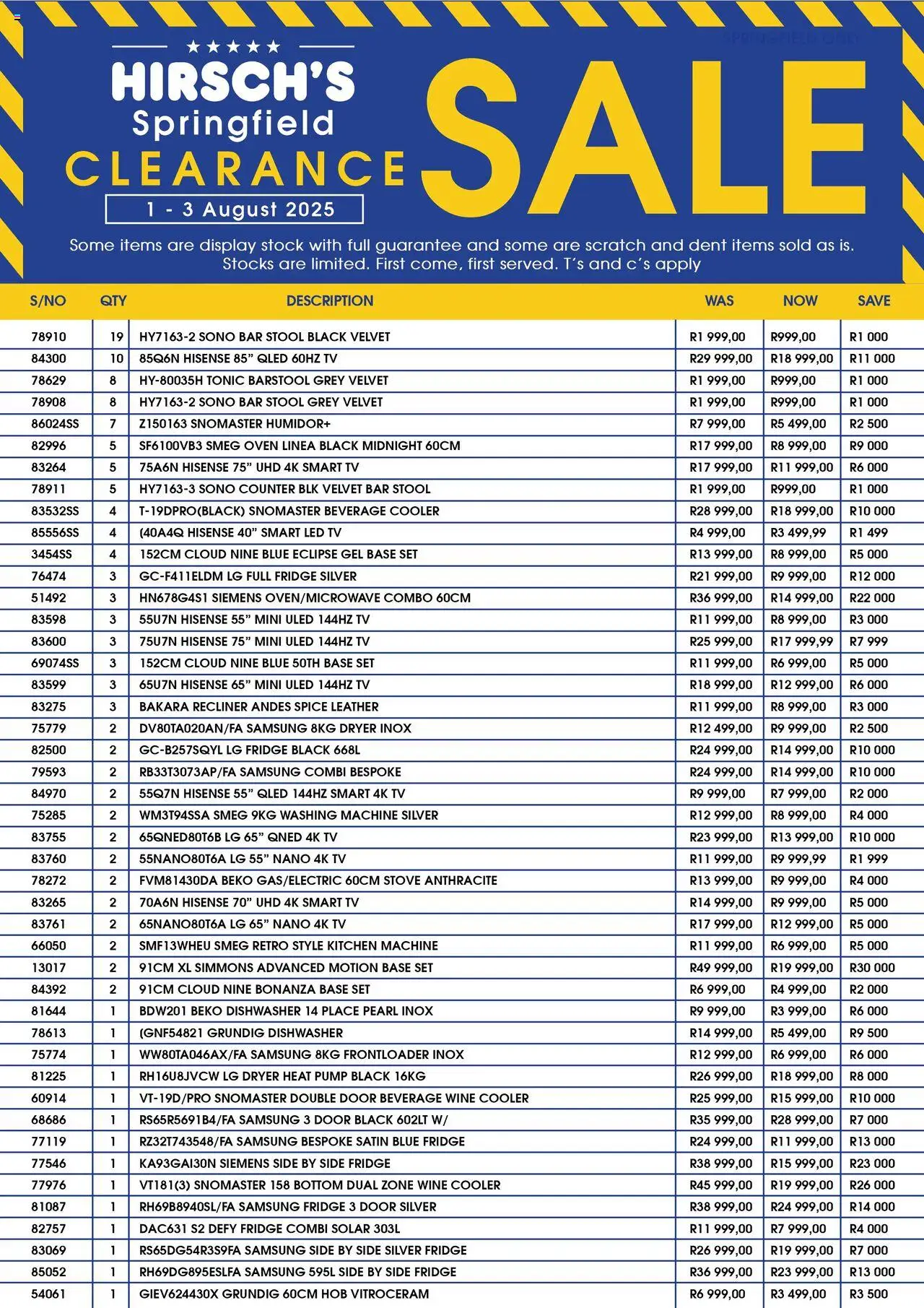 Hirsch's Clearance Sale Springfield │ valid from 01.08.2025 | Page: 1 | Products: Hob, Cooler, Bar stool, Stock