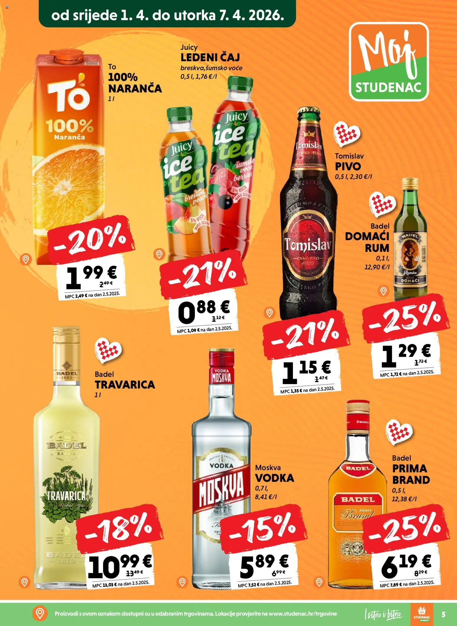 Studenac katalog | vrijedi od 01.04.2026 | Stranica: 5 | Proizvodi: Pivo, Ledeni čaj, Voće, Vodka