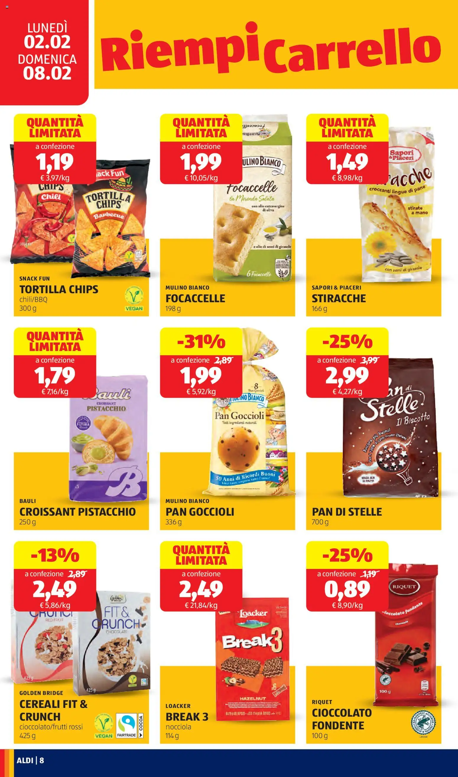 Volantino Aldi del 02.02.2026 | Pagina: 8 | Prodotti: Cioccolato, Cereali, Croissant, Olio di semi di girasole