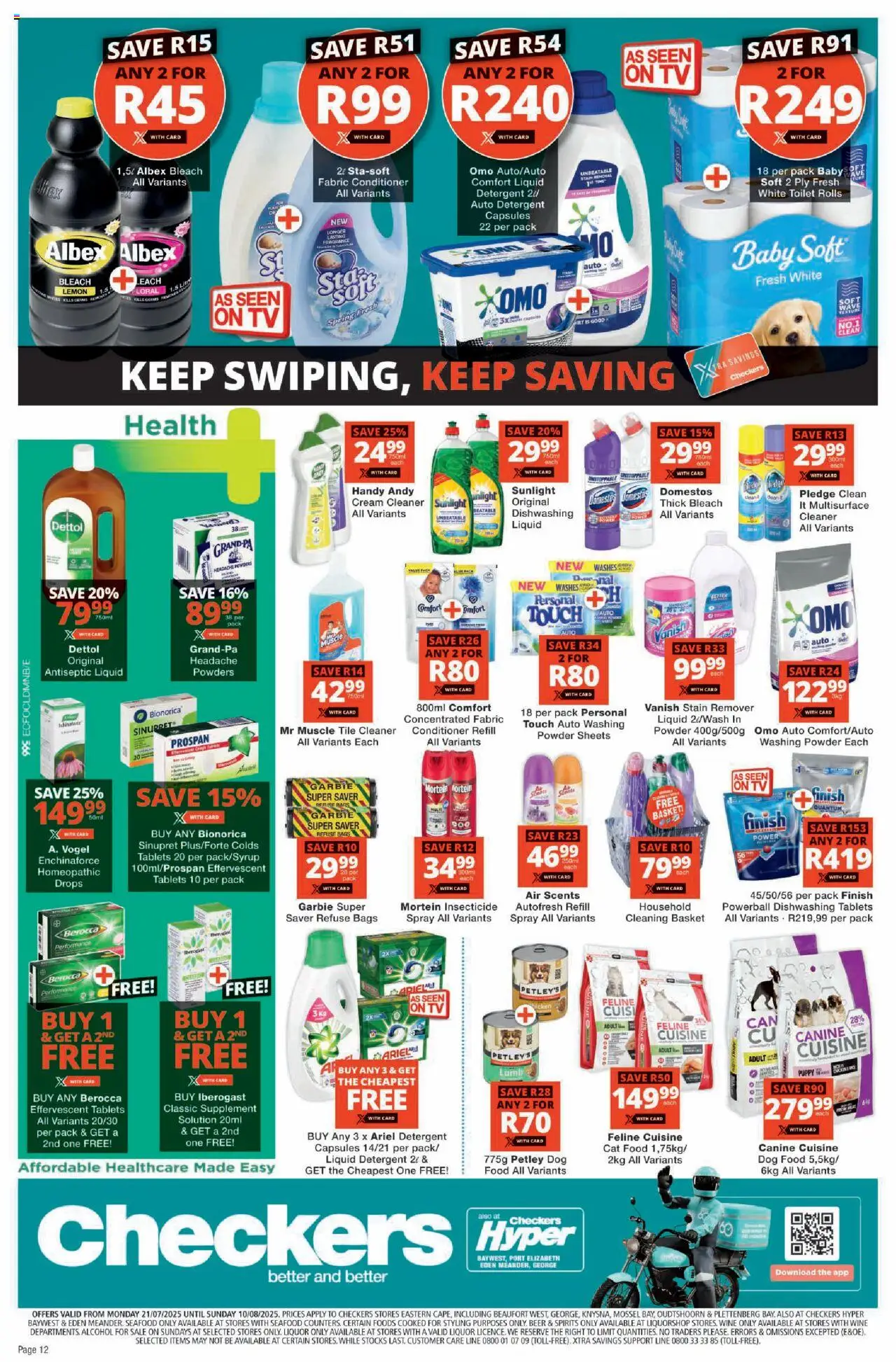 Checkers Eastern Cape - July Month-End Promotion │ valid from 21.07.2025 | Page: 12 | Products: Bleach, Conditioner, Cream, Cat food
