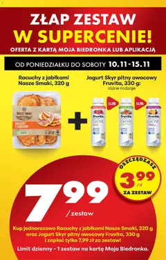 Pogląd oferty "Racuchy z jabłkami Nasze Smaki, 320 g oraz Jogurt Skyr pitny owocowy Fruvita, 330 g, Set of apple pancakes and Fruvita drinkable Skyr yogurt, 330 g, different types" - ważna od 10.11.2025 | Strona: 87