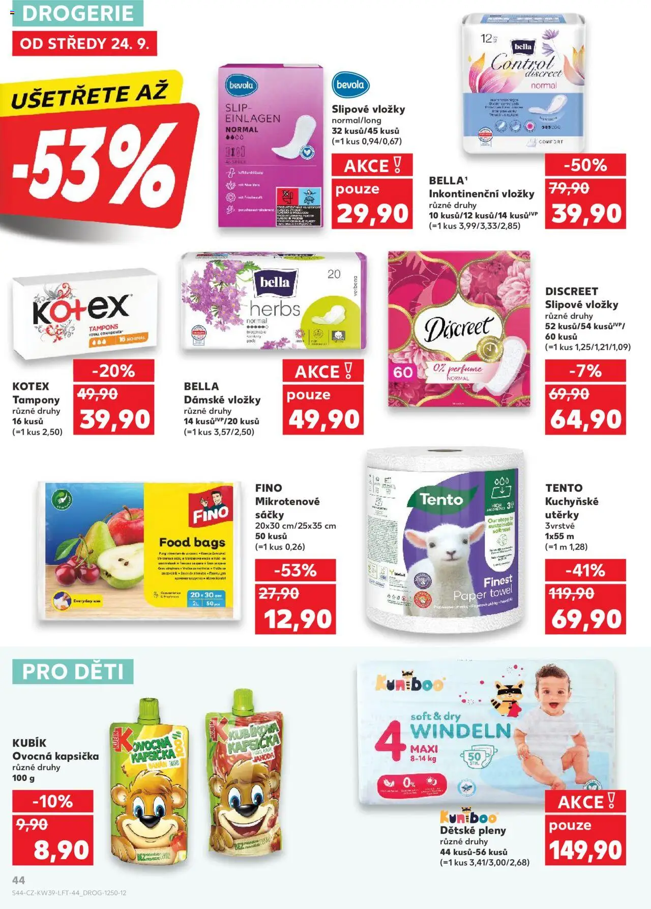 Kaufland leták od 24.09.2025 | Strana: 44 | Produkty: Kuchyňské utěrky, Vložky, Inkontinenční vložky, Pleny