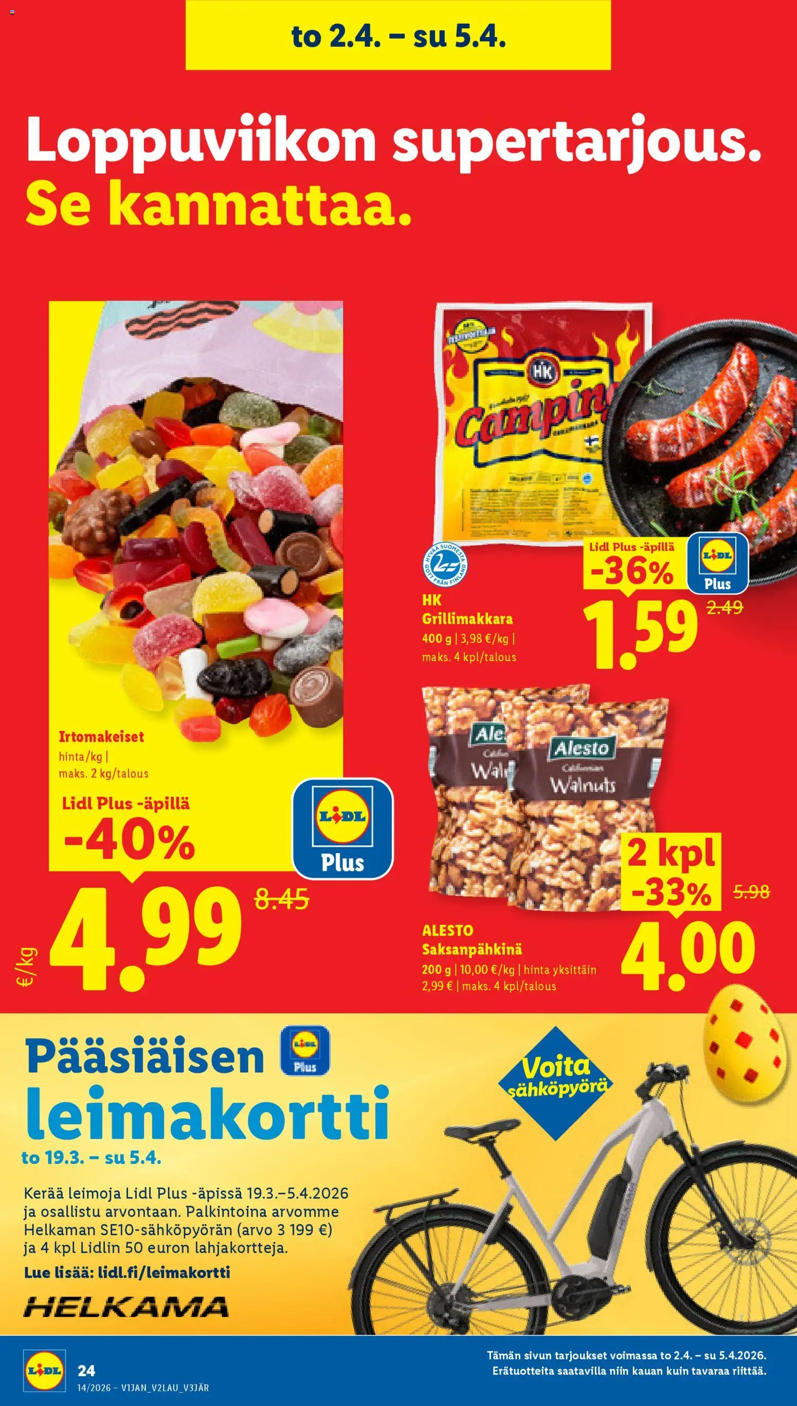 Lidl tarjoukset - Tampere – voimassa 01.04.2026 alkaen | Sivu: 28 | Tuotteet: Irtomakeiset, Sähköpyörä, Grillimakkara