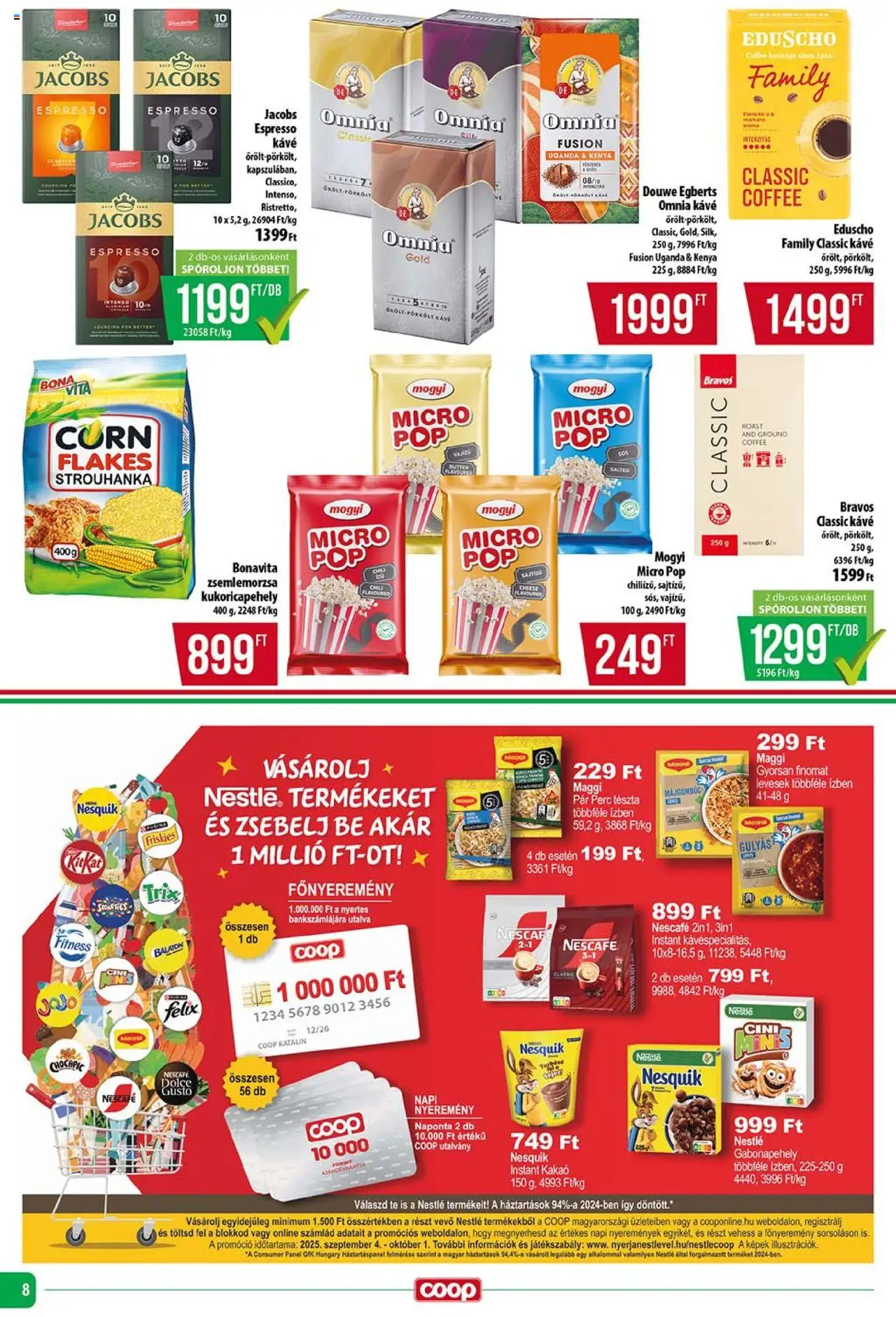 COOP akciós ujság - amely érvényes a következő dátumtól: 18.09.2025 | Oldal: 8 | Termékek: Nescafé, Gabonapehely, Nesquik, Kukoricapehely