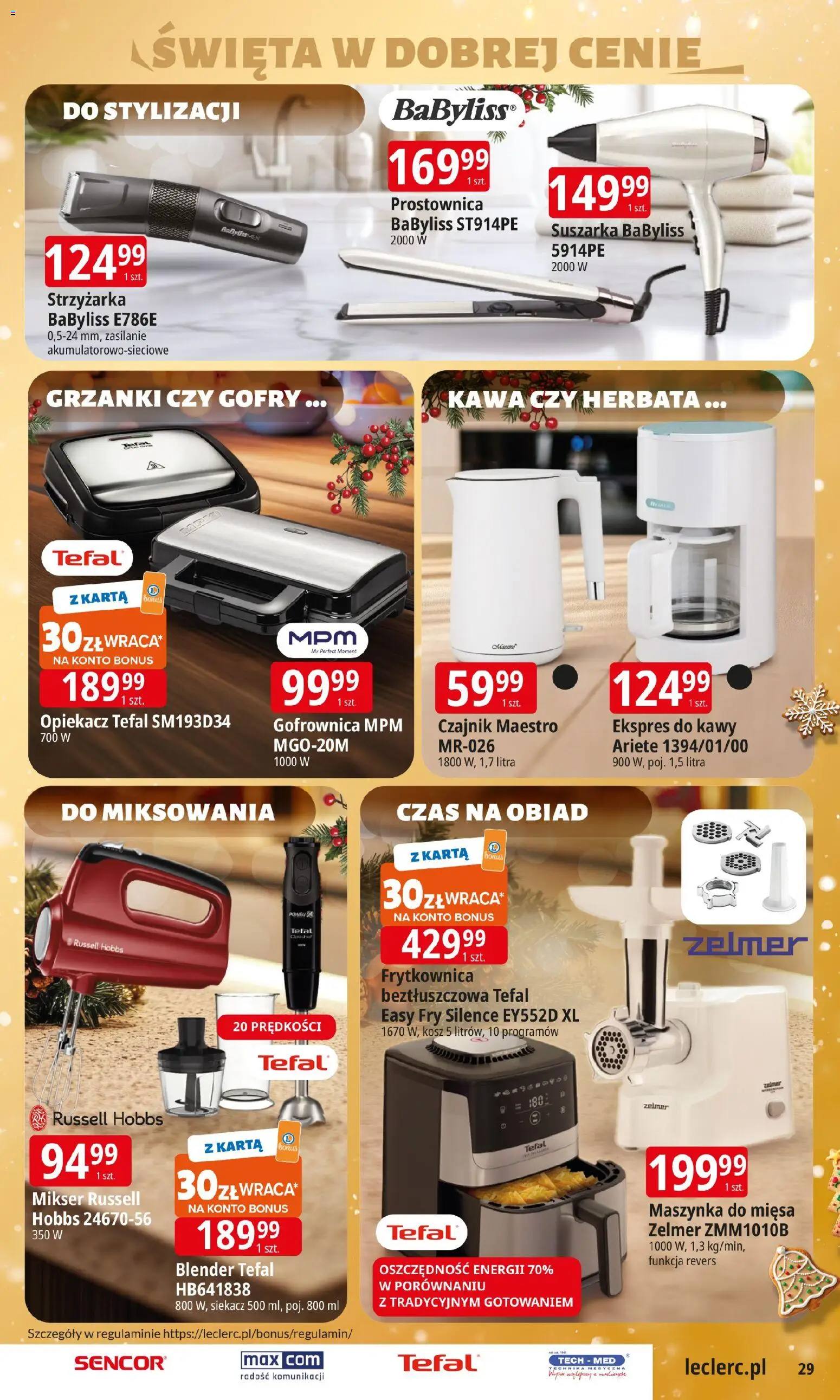 E.Leclerc Gazetka - Radom od 09.12.2025 | Strona: 29 | Produkty: Ekspres do kawy, Prostownica, Maszynka do mięsa, Tefal