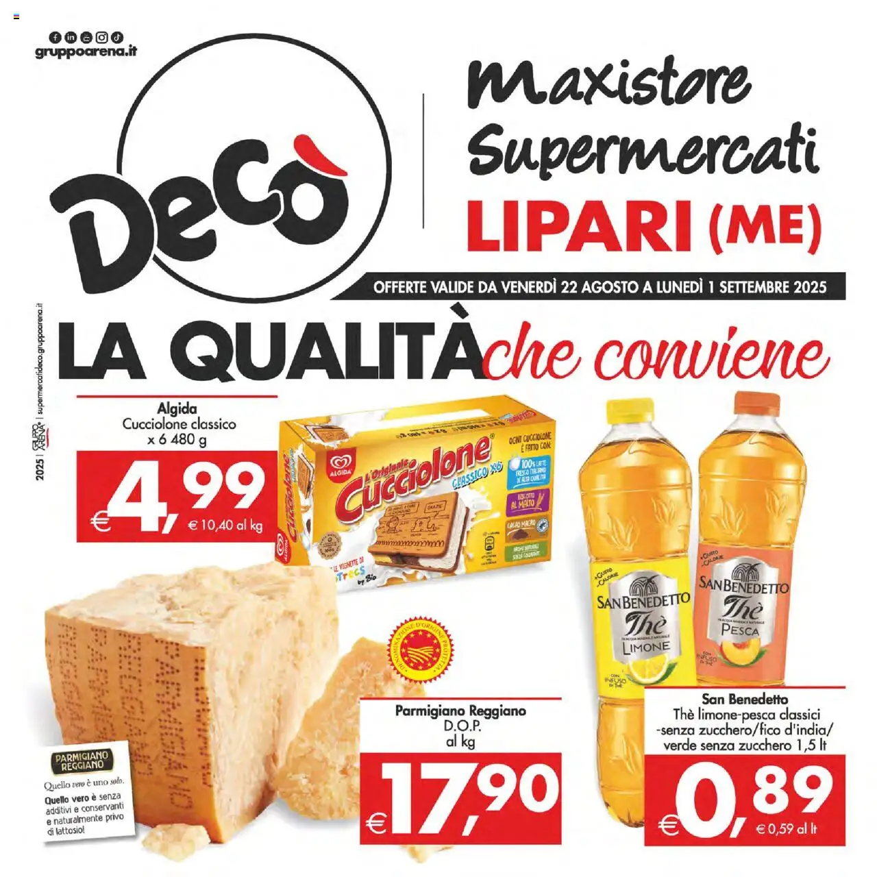 Volantino Decò del 22.08.2025 | Pagina: 1 | Prodotti: Zucchero, Pesca, The, Parmigiano reggiano