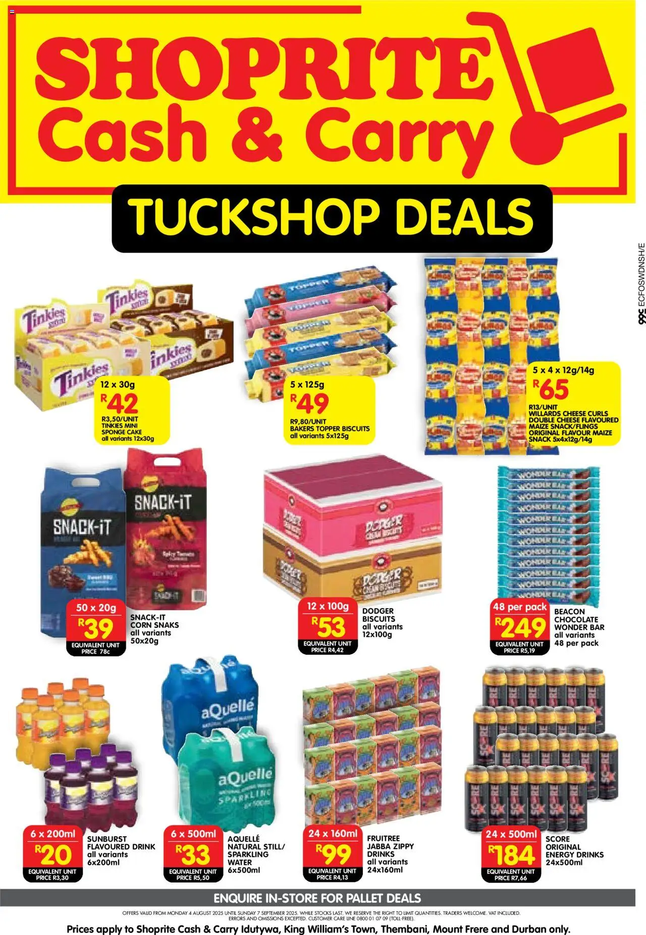 Shoprite KwaZulu-Natal - Cash & Carry Tuckshop Deals Durban & Mount Frere │ valid from 04.08.2025 | Page: 1 | Products: Cake, Corn, Chocolate, Water