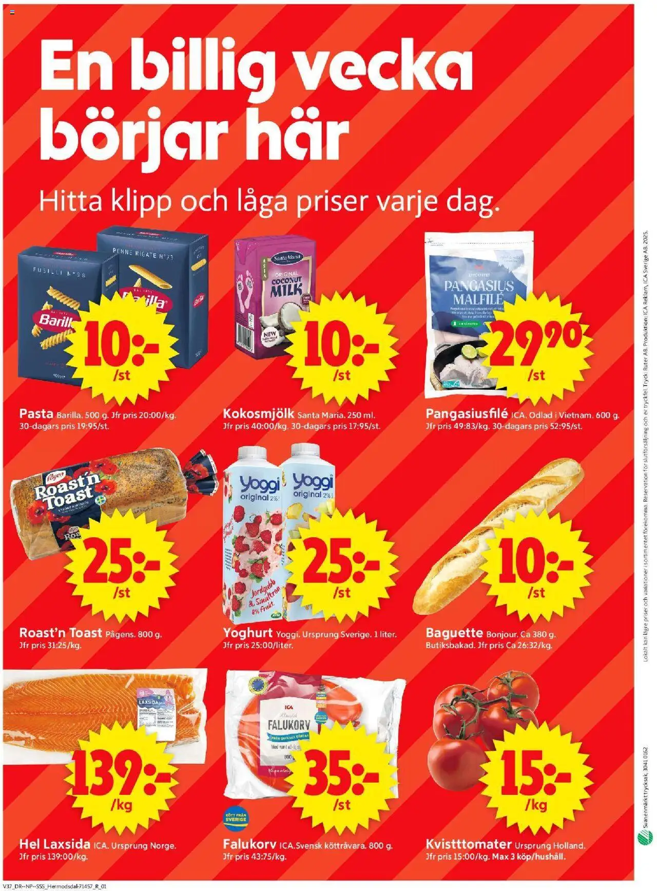 ICA Supermarket reklamblad aktuell från 08.09.2025 | Sida: 10 | Produkter: Falukorv, Yoghurt, Yoggi, Pasta