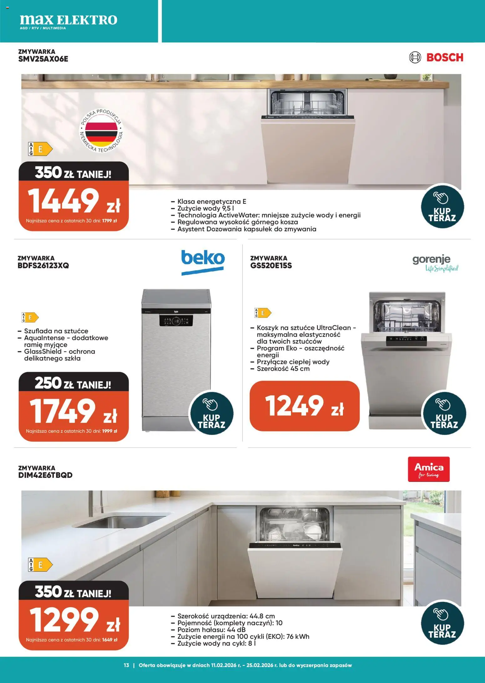 Max elektro Gazetka od 11.02.2026 | Strona: 13 | Produkty: Zmywarka, Sztućce