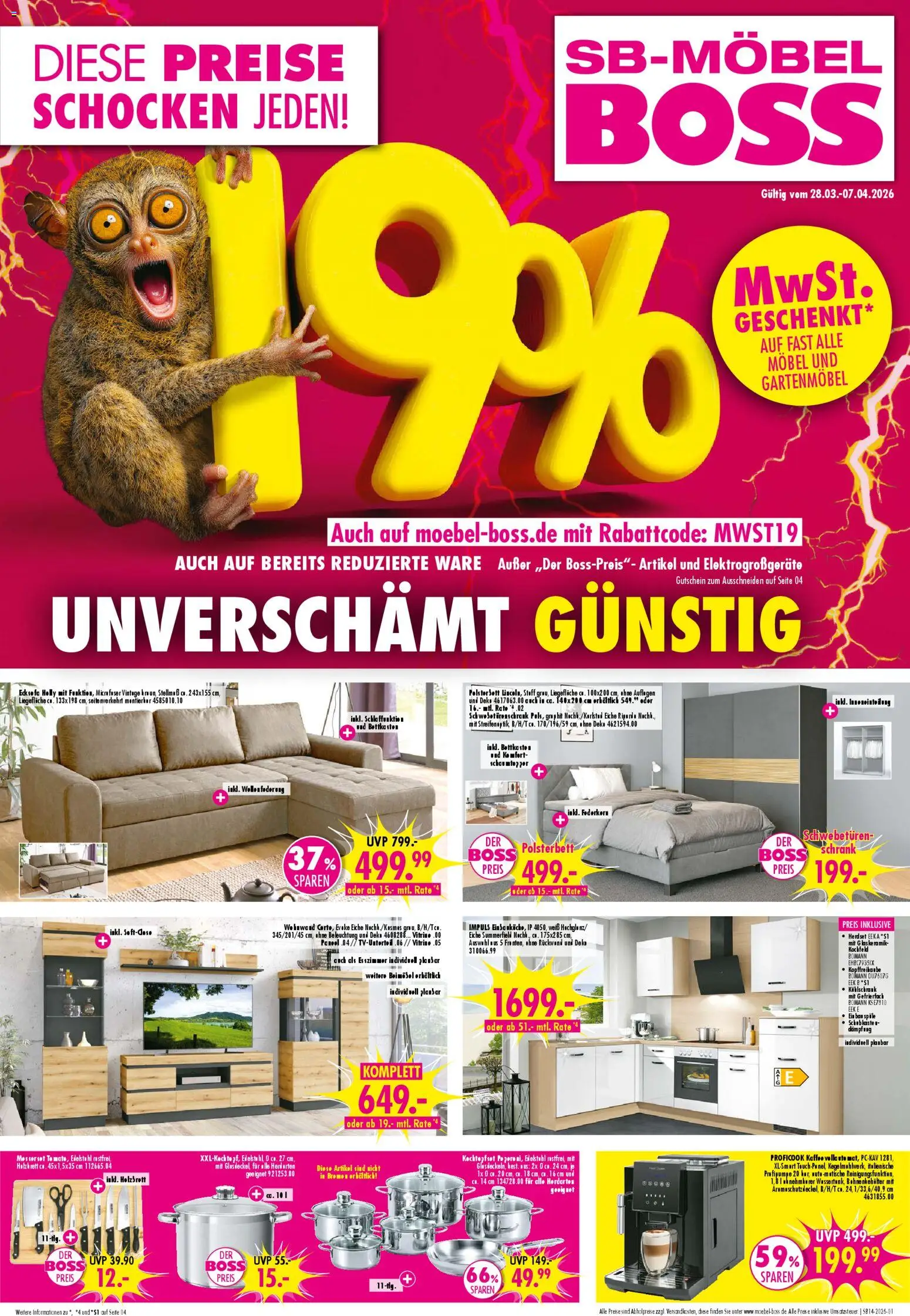 SB Möbel Boss Prospekt 	 – gültig ab 28.03.2026 | Seite: 1 | Produkte: Vitrine, Polsterbett, Gartenmöbel, Kühlschrank