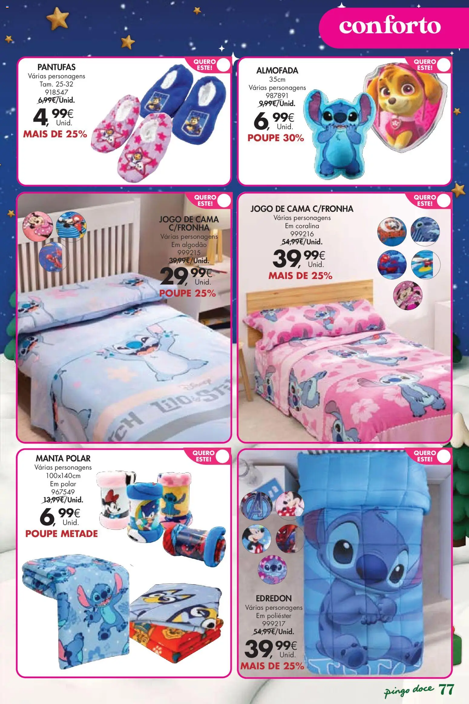 Pingo Doce  Brinquedos Natal Lojas Hipers │ válido de 18.11.2025 | Página: 77 | Produtos: Algodão, Jogo de cama, Cama, Almofada