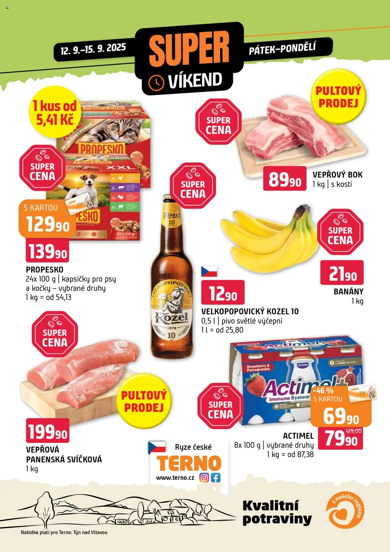 Terno leták - Super víkend od 12.09.2025 | Strana: 1 | Produkty: Vepřový bok, Velkopopovický Kozel, Actimel, Velkopopovický Kozel 10