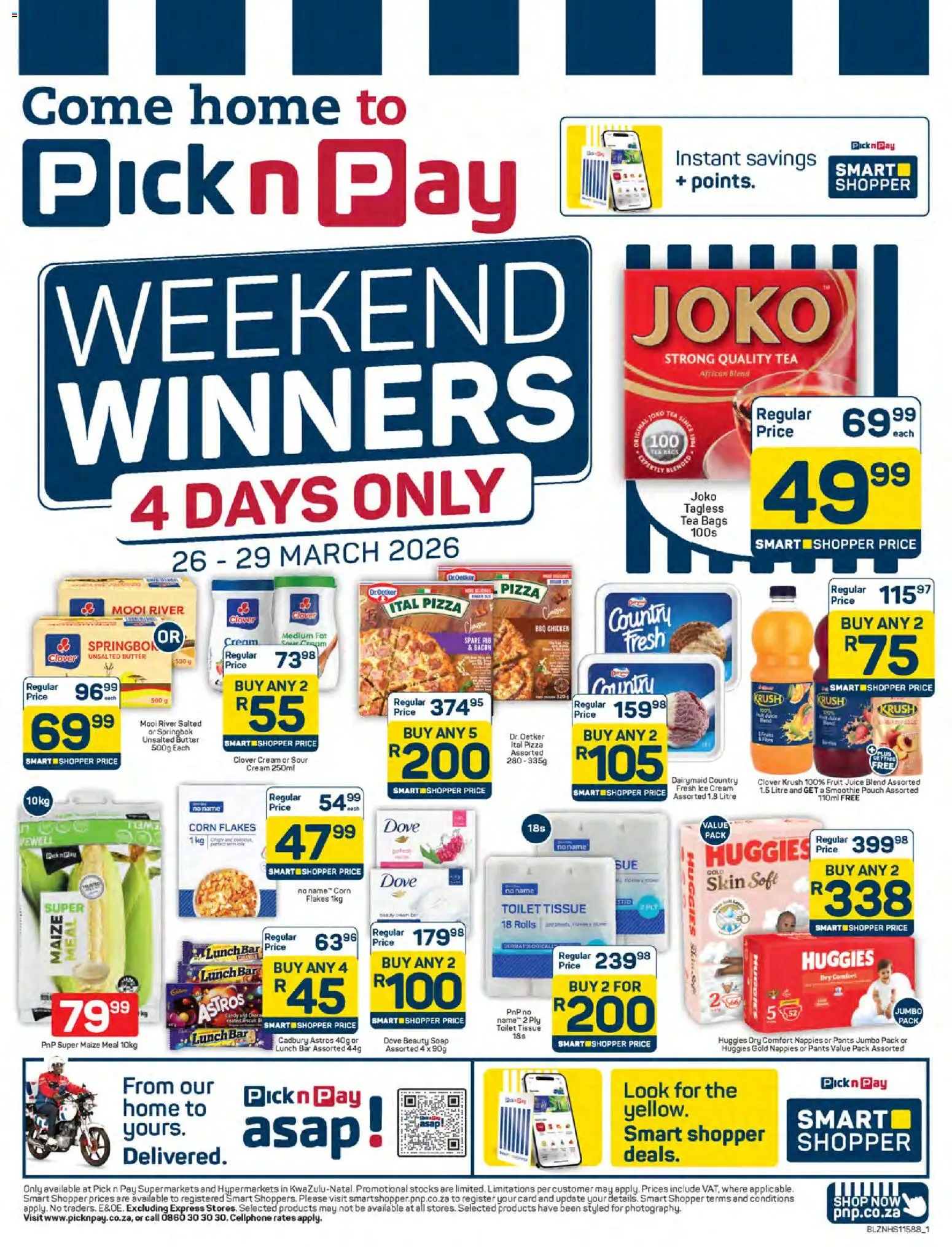 New Pick n Pay catalogue – valid from 26.03.2026 | Page: 1 | Products: Maize meal, Butter, Juice, Fruit