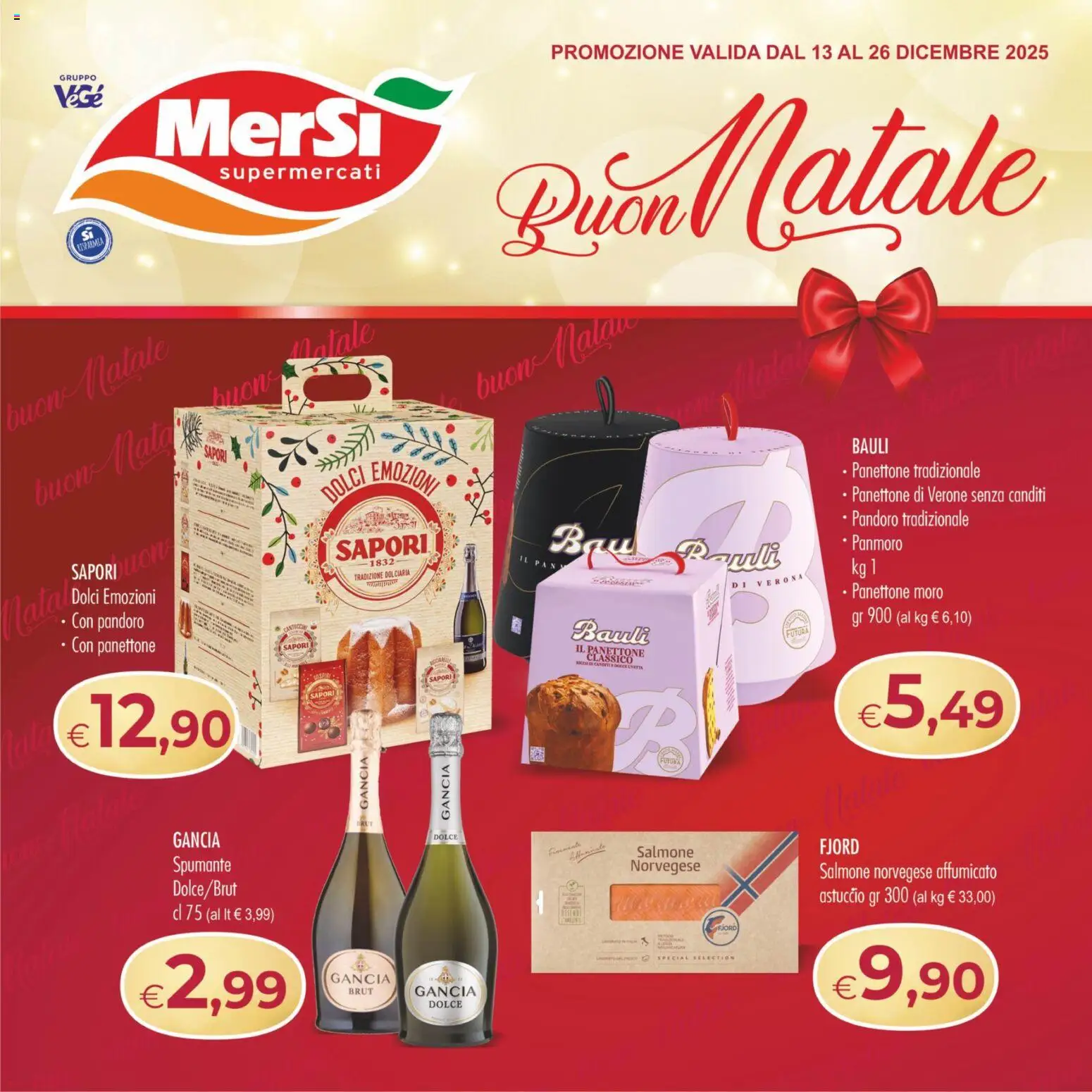 Volantino MerSi Supermercati del 13.12.2025 | Pagina: 1 | Prodotti: Salmone, Pandoro, Panettone, Astuccio