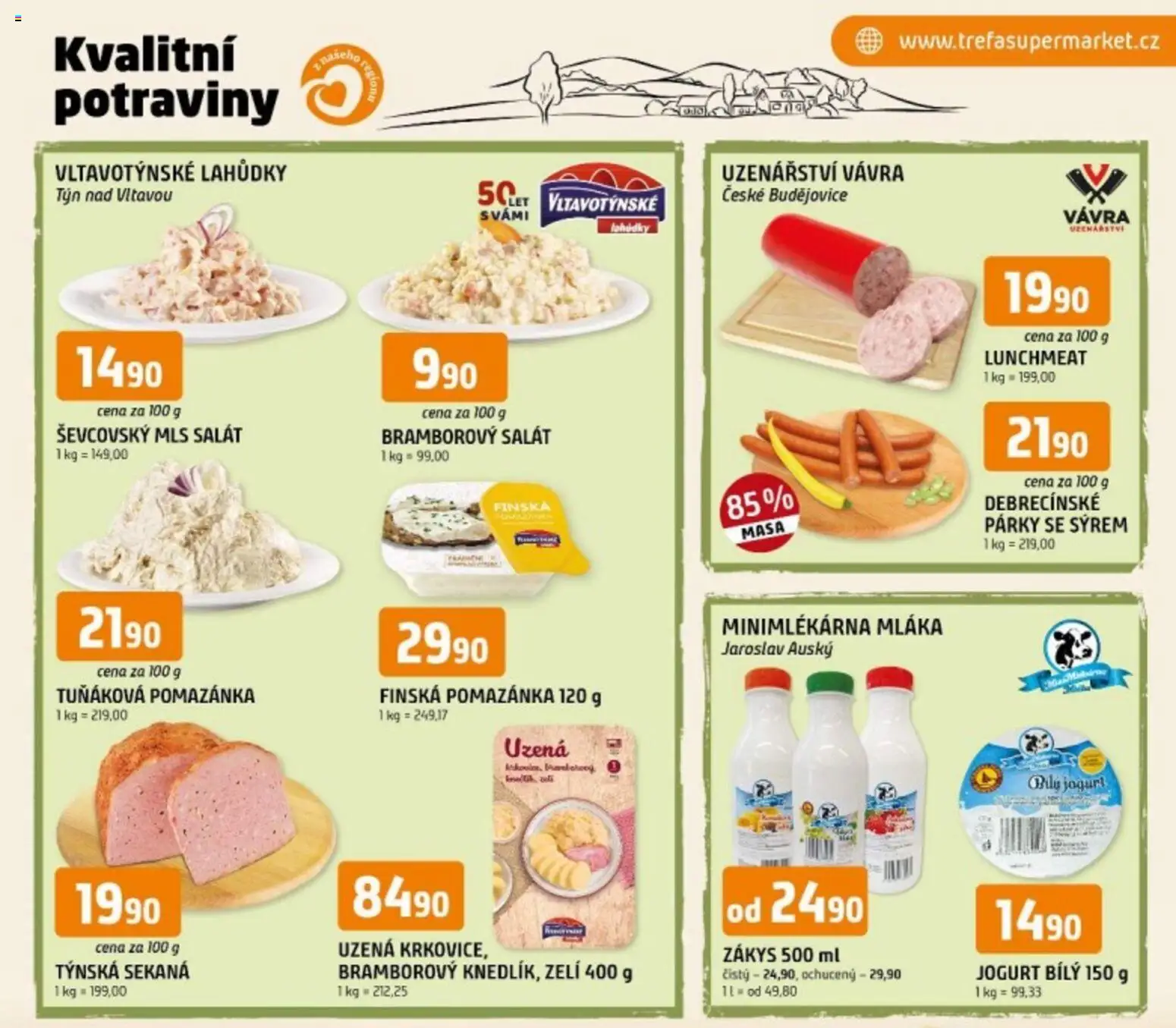Trefa leták - Kvalitní potraviny z našeho regionu od 22.04.2026 | Strana: 1 | Produkty: Bramborový salát, Párky, Zelí, Tuňáková pomazánka