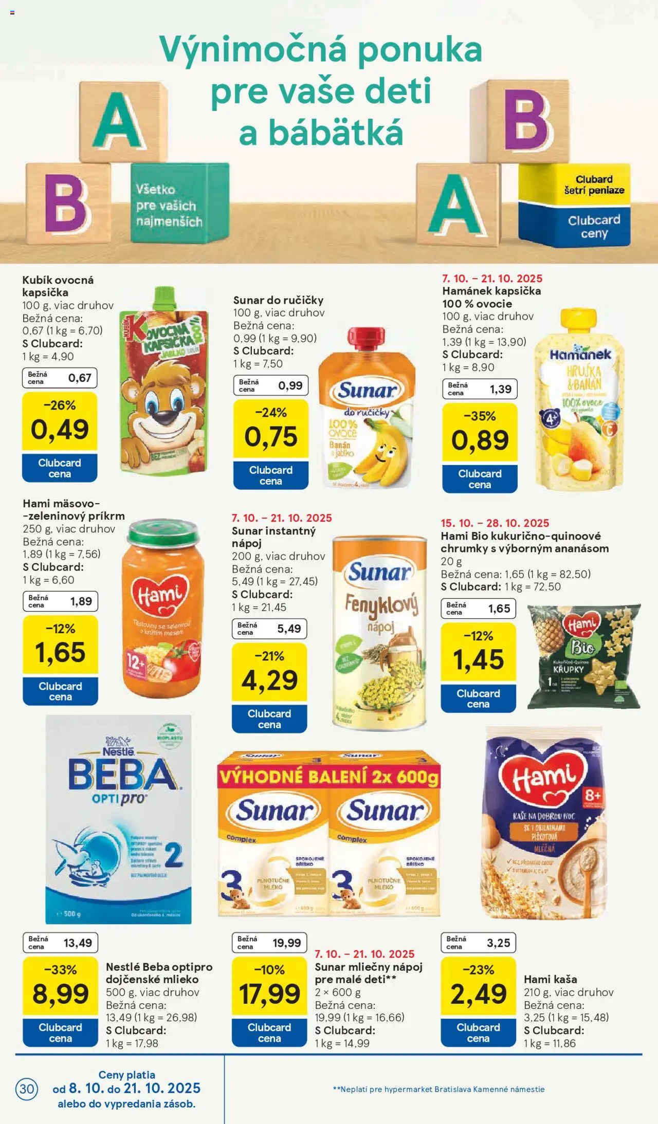 Nové Tesco akcie – leták je platný od 15.10.2025 | Strana: 30 | Produkty: Mlieko, Sunar, Ovocie, Beba