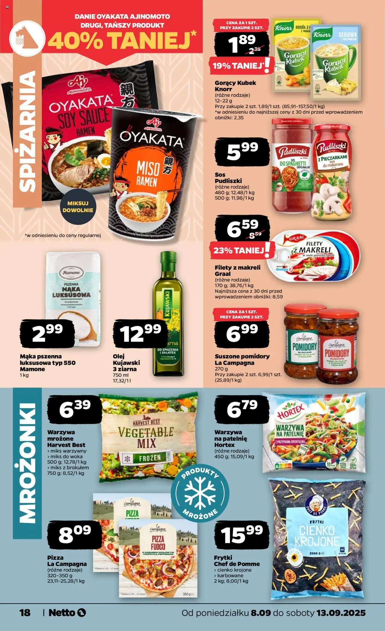 Netto gazetka - Spożywcza od 08.09.2025 | Strona: 18 | Produkty: Patelnie, Filety z makreli w sosie pomidorowym, Pizza, Warzywa
