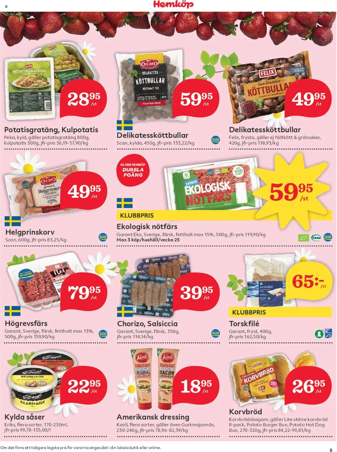 Hemköp reklamblad aktuell från 16.06.2025 | Sida: 5 | Produkter: Köttbullar, Nötfärs, Korvbröd, Potatisgratäng