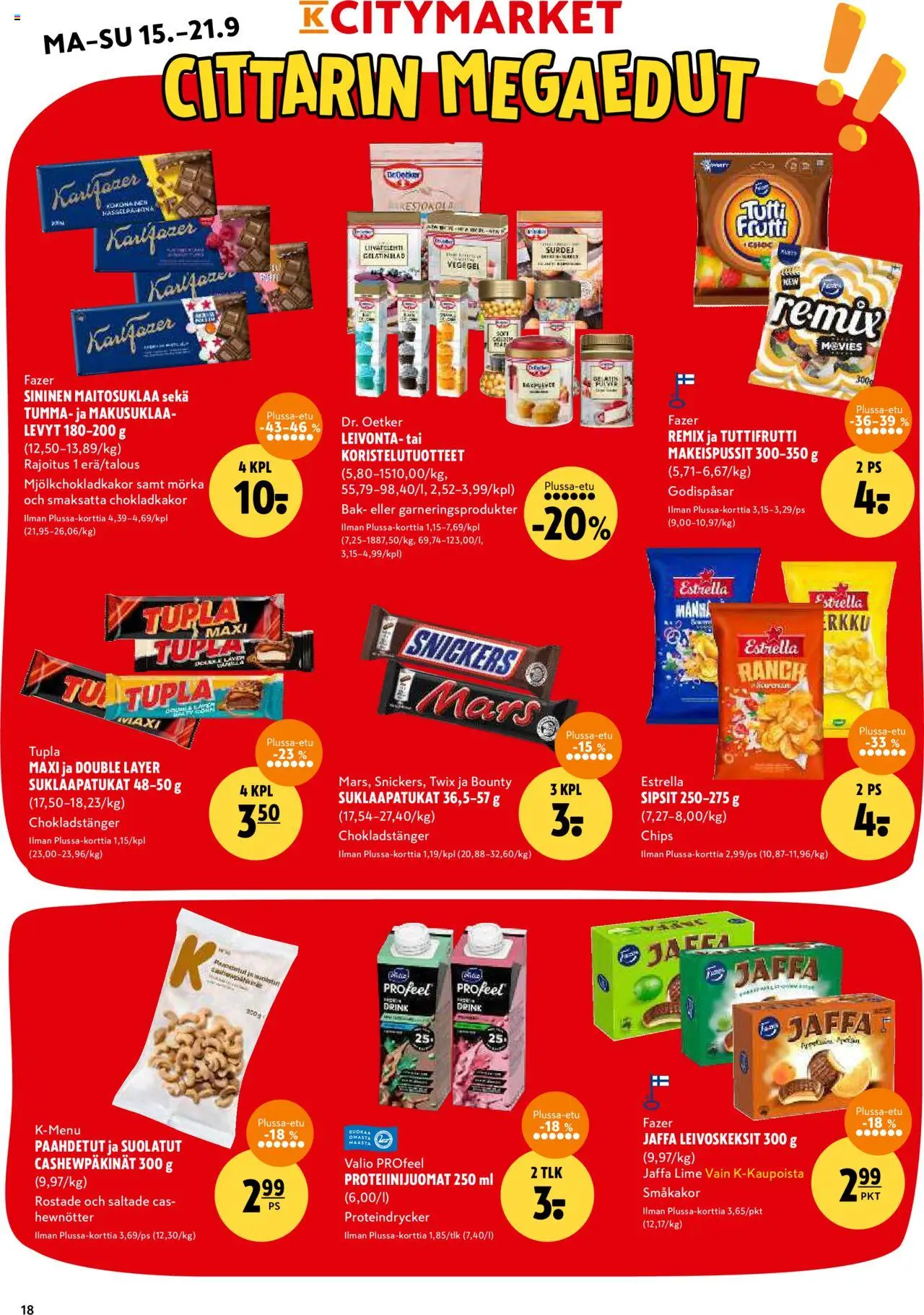 K-Citymarket tarjoukset – voimassa 15.09.2025 alkaen | Sivu: 18 | Tuotteet: Makeispussit, Suklaapatukat, Tuttifrutti