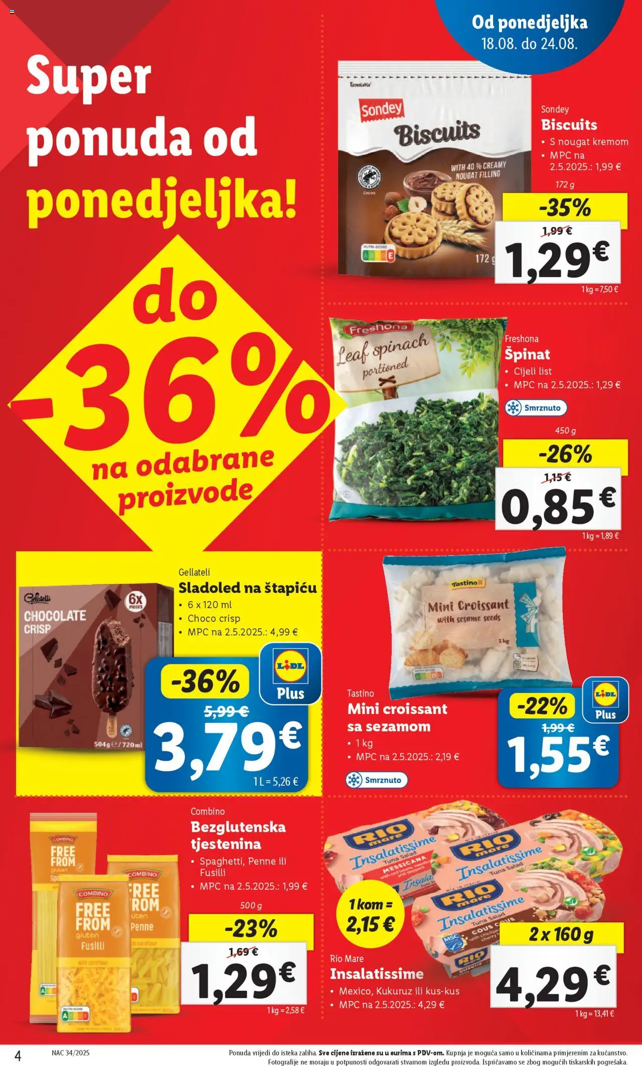 Lidl katalog | vrijedi od 18.08.2025 | Stranica: 4 | Proizvodi: Špinat, Kukuruz, Tjestenina, Sladoled