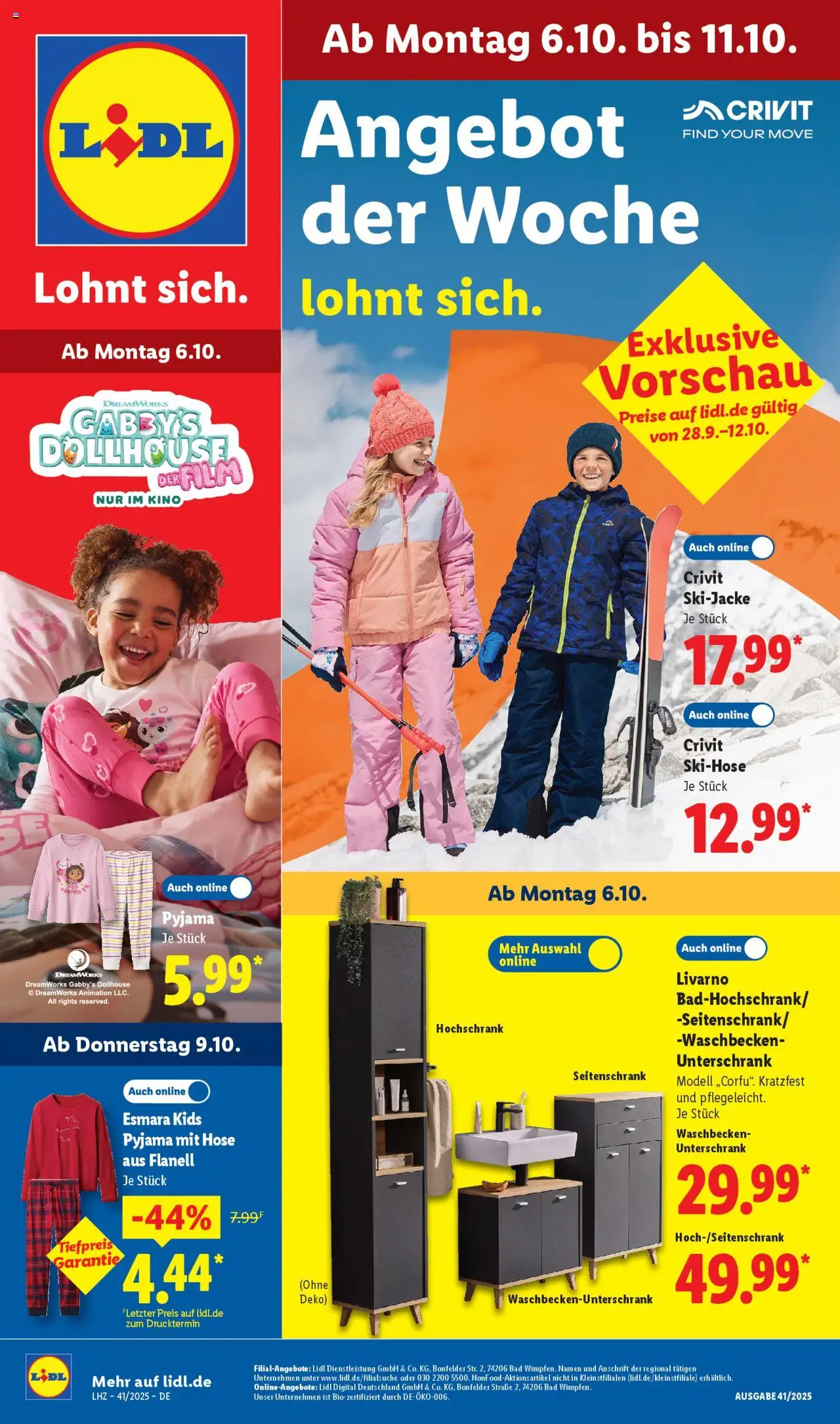 Lidl Prospekt Gundelsheim – gültig ab 06.10.2025 | Seite: 1 | Produkte: Waschbecken, Bad, Hochschrank, Pyjama
