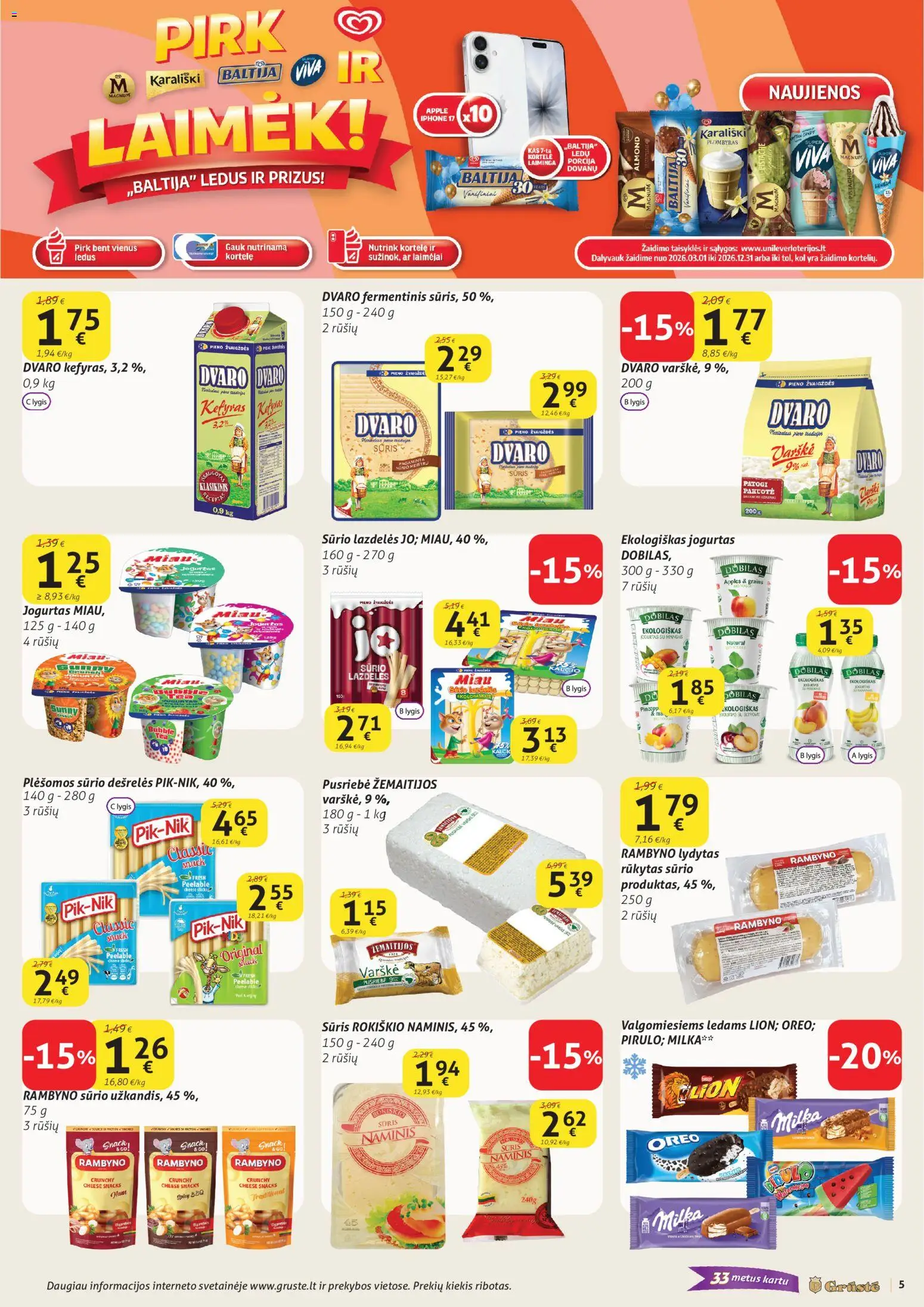 GRUSTE akcijos nuo 01.03.2026 | Puslapis: 5 | Prekių: Dešrelės, Jogurtas, Sūris, Varškė