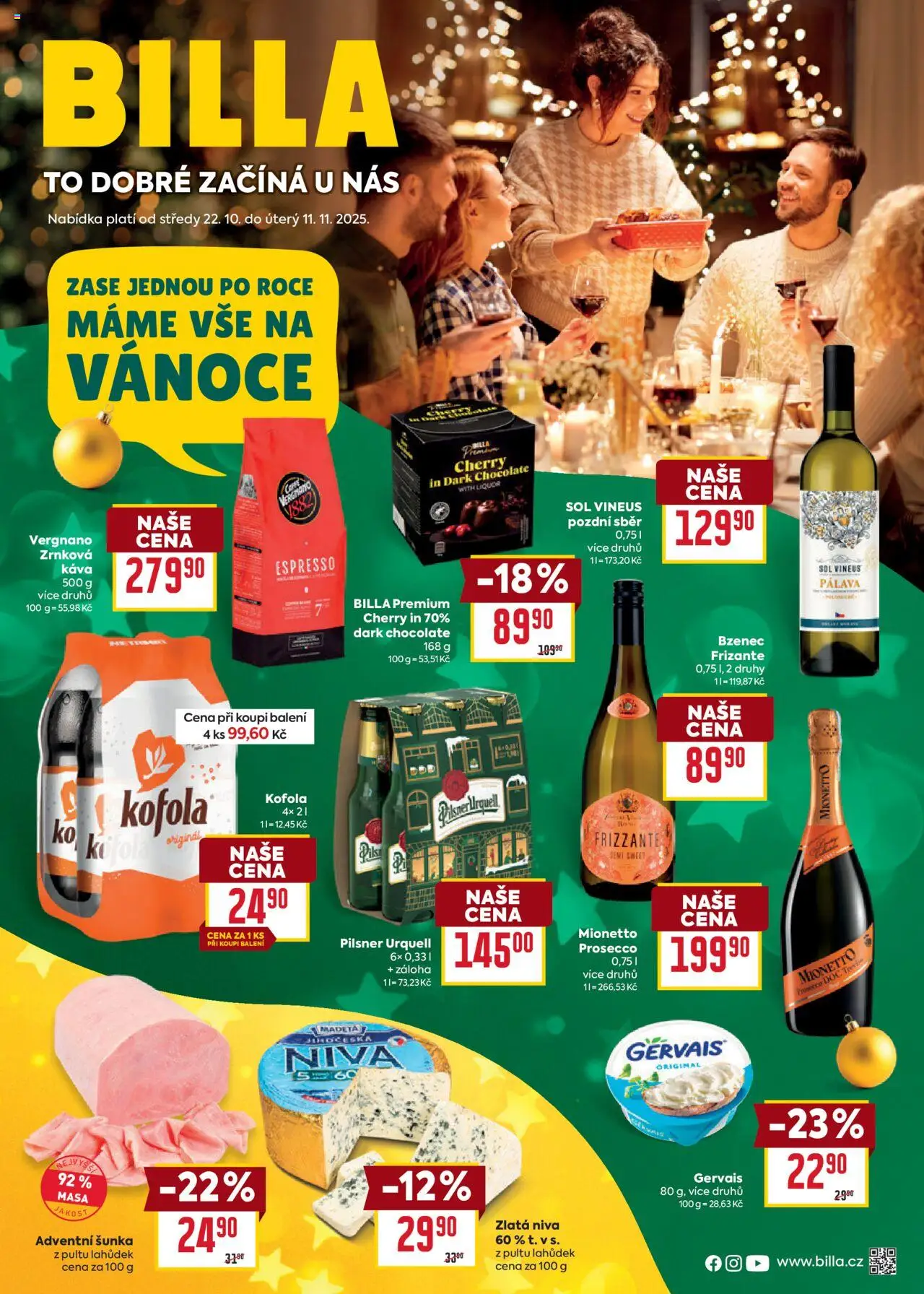 Billa leták - Vánoce od 22.10.2025 | Strana: 1 | Produkty: Šunka, Prosecco DOC, Zrnková káva, Niva