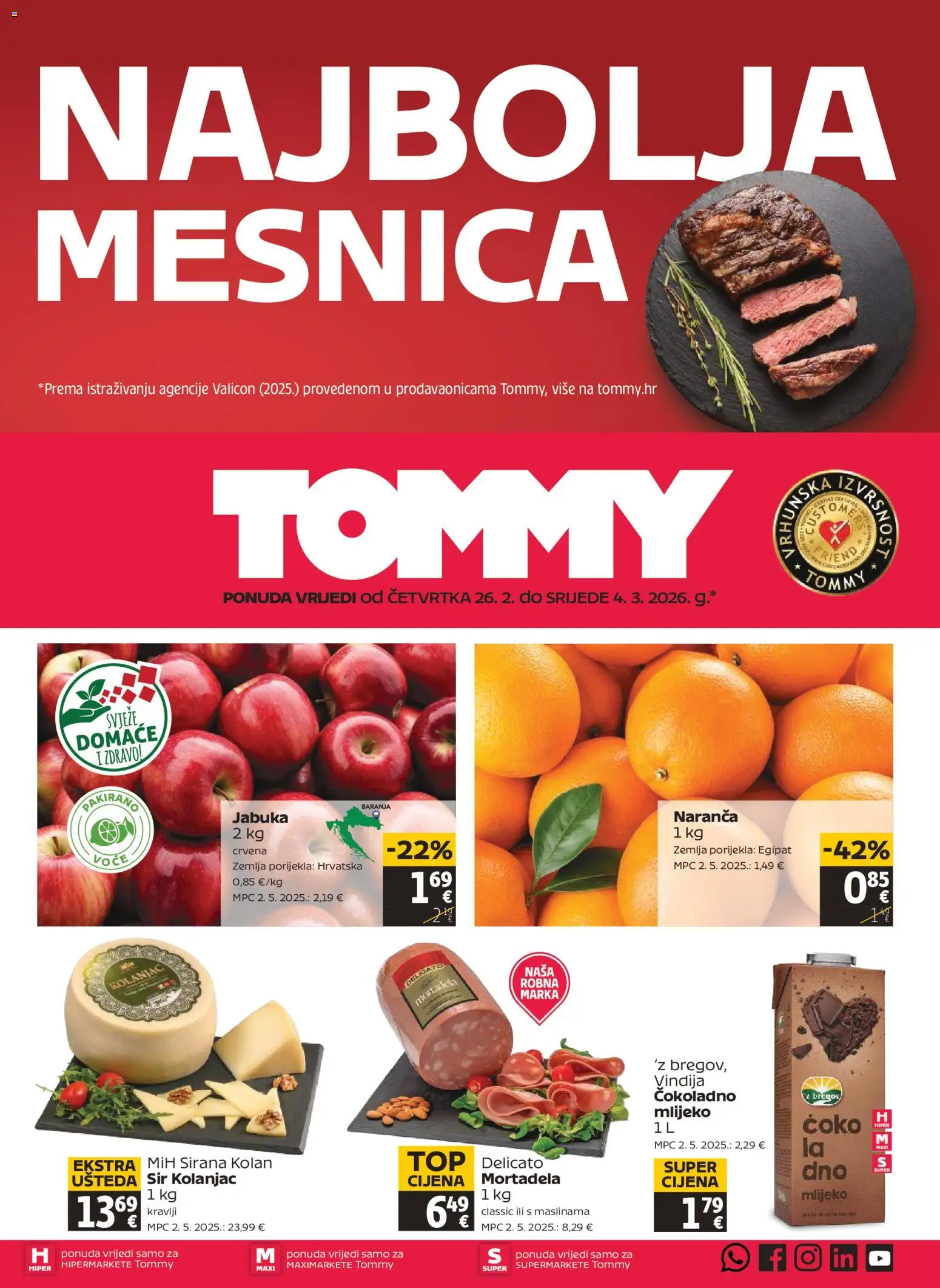 Tommy katalog | vrijedi od 26.02.2026 | Stranica: 1 | Proizvodi: Vindija, Sir, Mortadela, Jabuka
