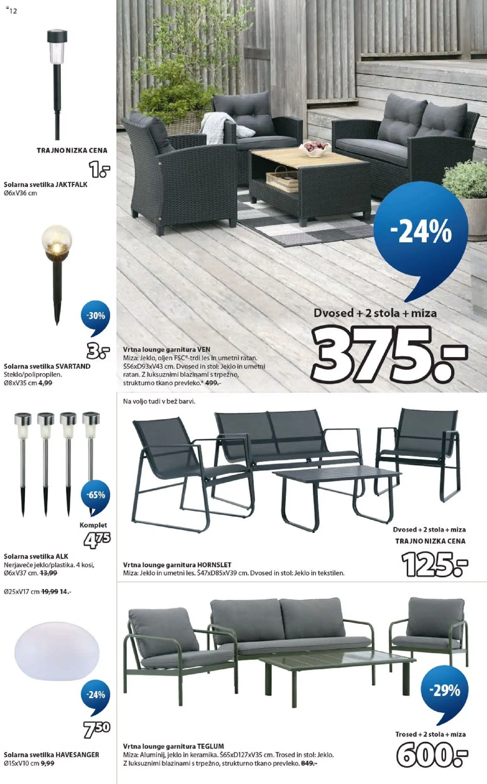 Novi JYSK katalog ponudbe – veljaven od 18.03.2026 | Stran: 12 | Izdelki: Solarna svetilka, Trosed, Dvosed, Miza