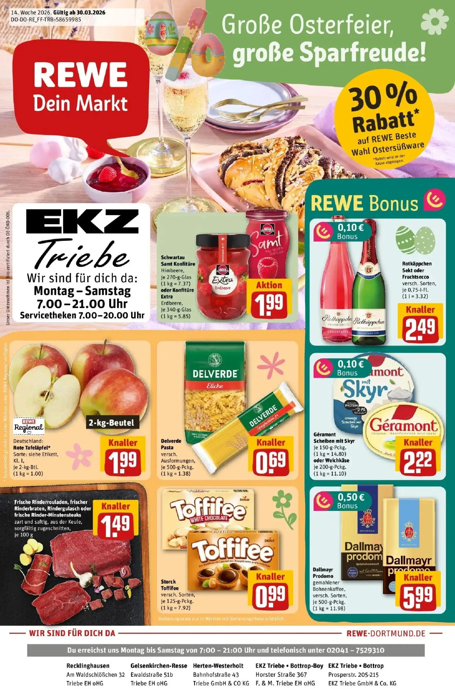 Rewe Prospekt Recklinghausen	 – gültig ab 30.03.2026 | Seite: 1 | Produkte: Rindergulasch, Sekt, Dallmayr prodomo, Uhr