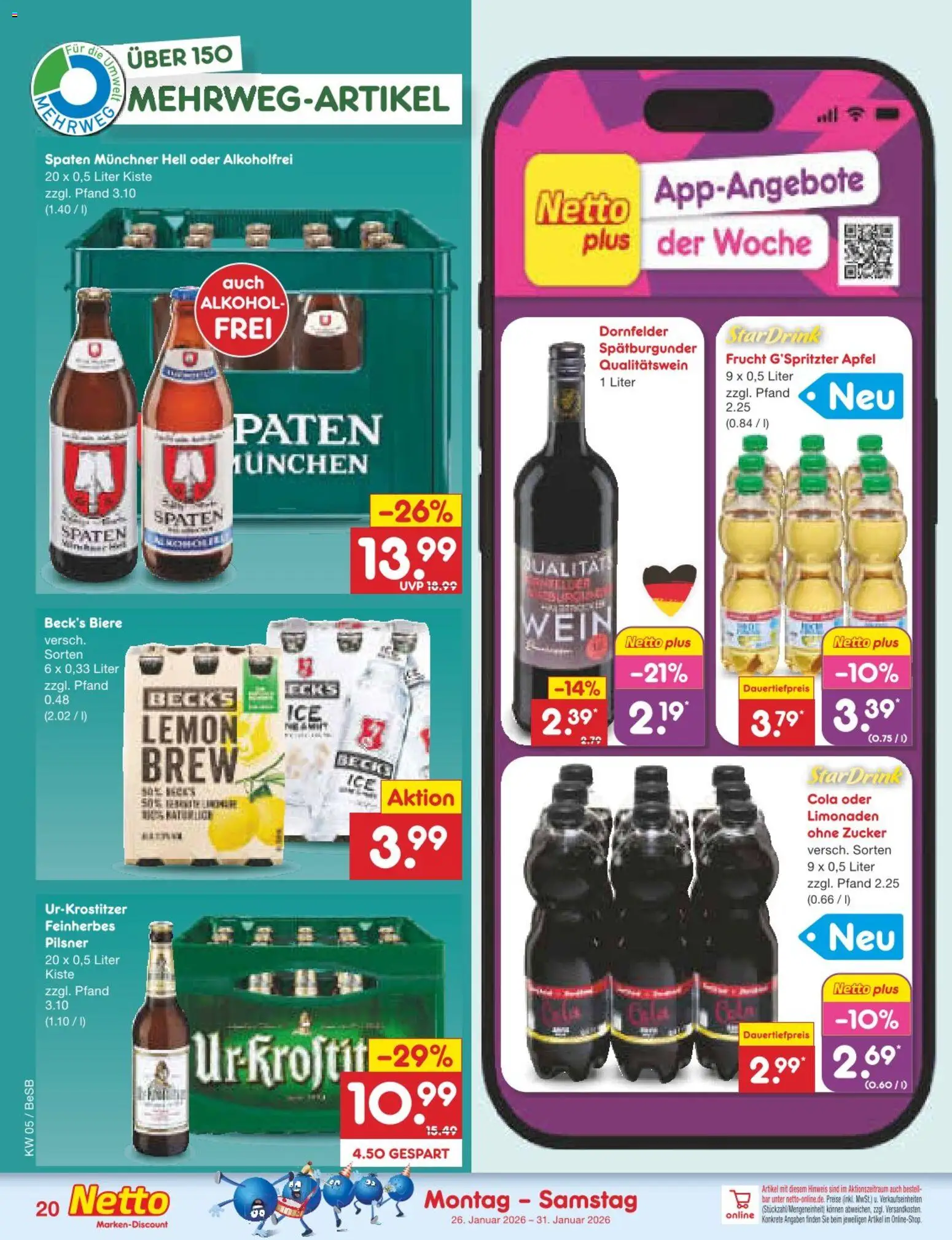 Netto Marken-Discount Prospekt 	 – gültig ab 26.01.2026 | Seite: 22 | Produkte: Cola, Äpfel, Zucker, Wein