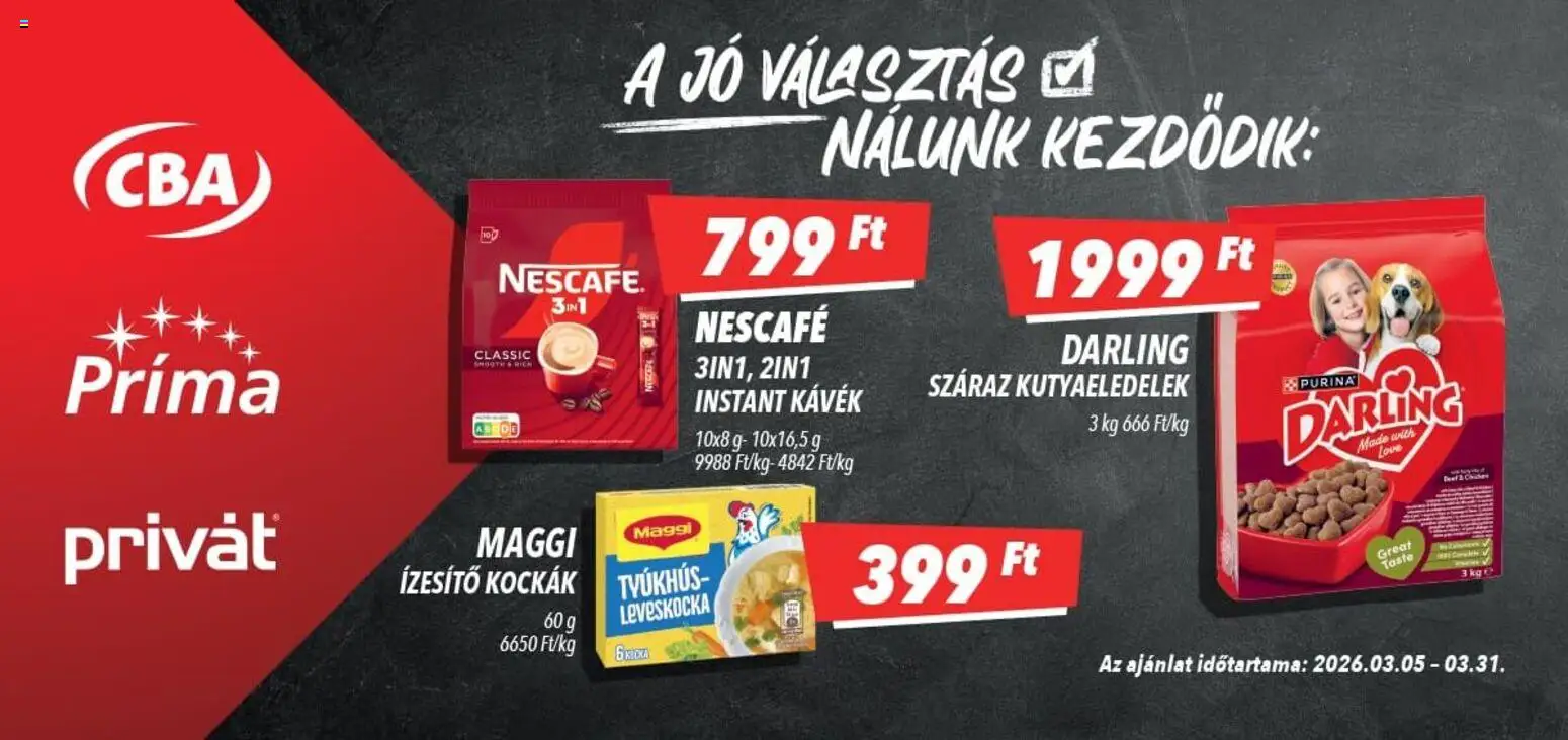 CBA Príma akciós ujság - amely érvényes a következő dátumtól: 05.03.2026 | Oldal: 3 | Termékek: Nescafé, Leveskocka, Maggi