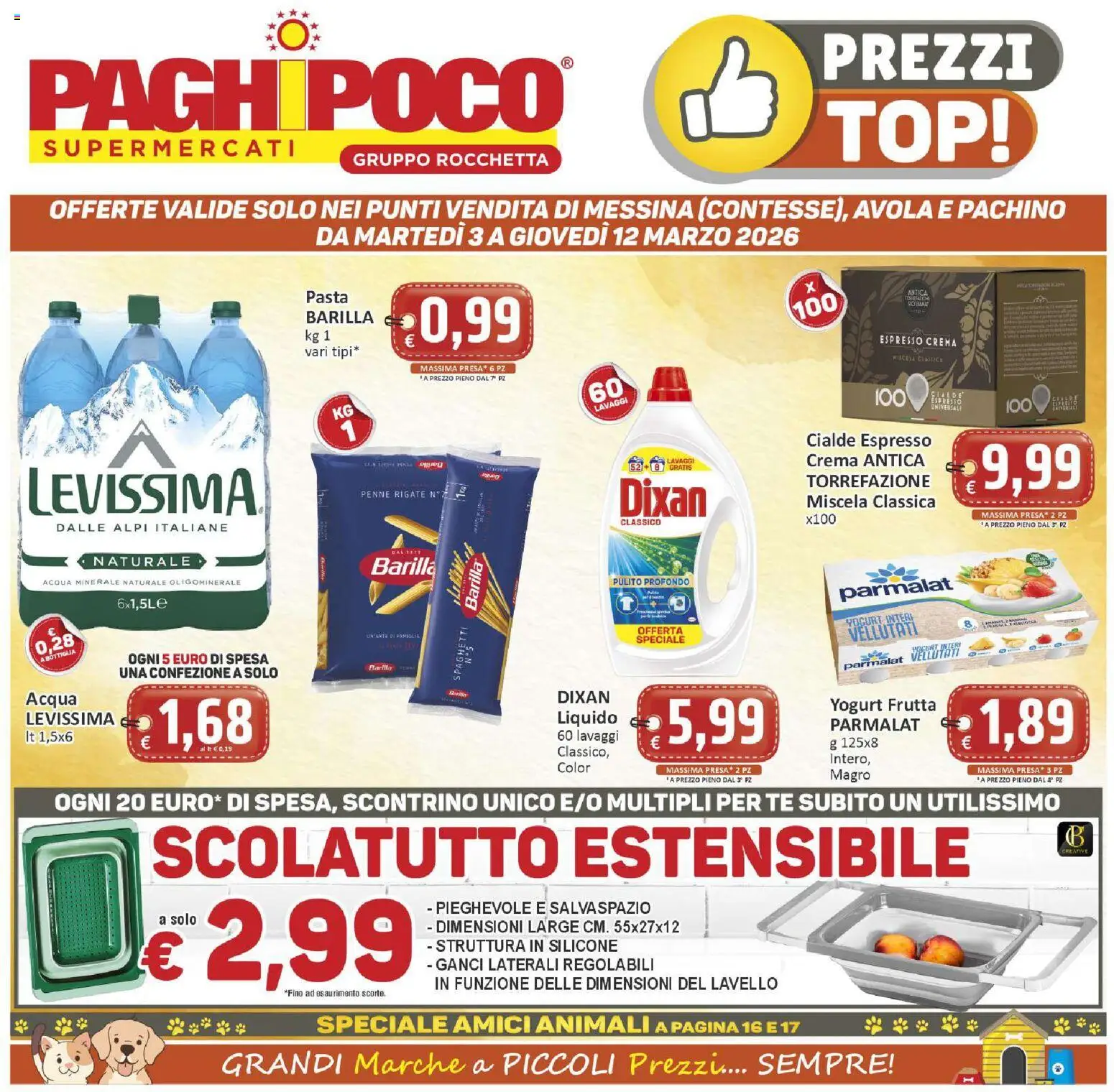 Volantino Paghi Poco del 03.03.2026 | Pagina: 1 | Prodotti: Tè, Acqua, Pasta, Lavello
