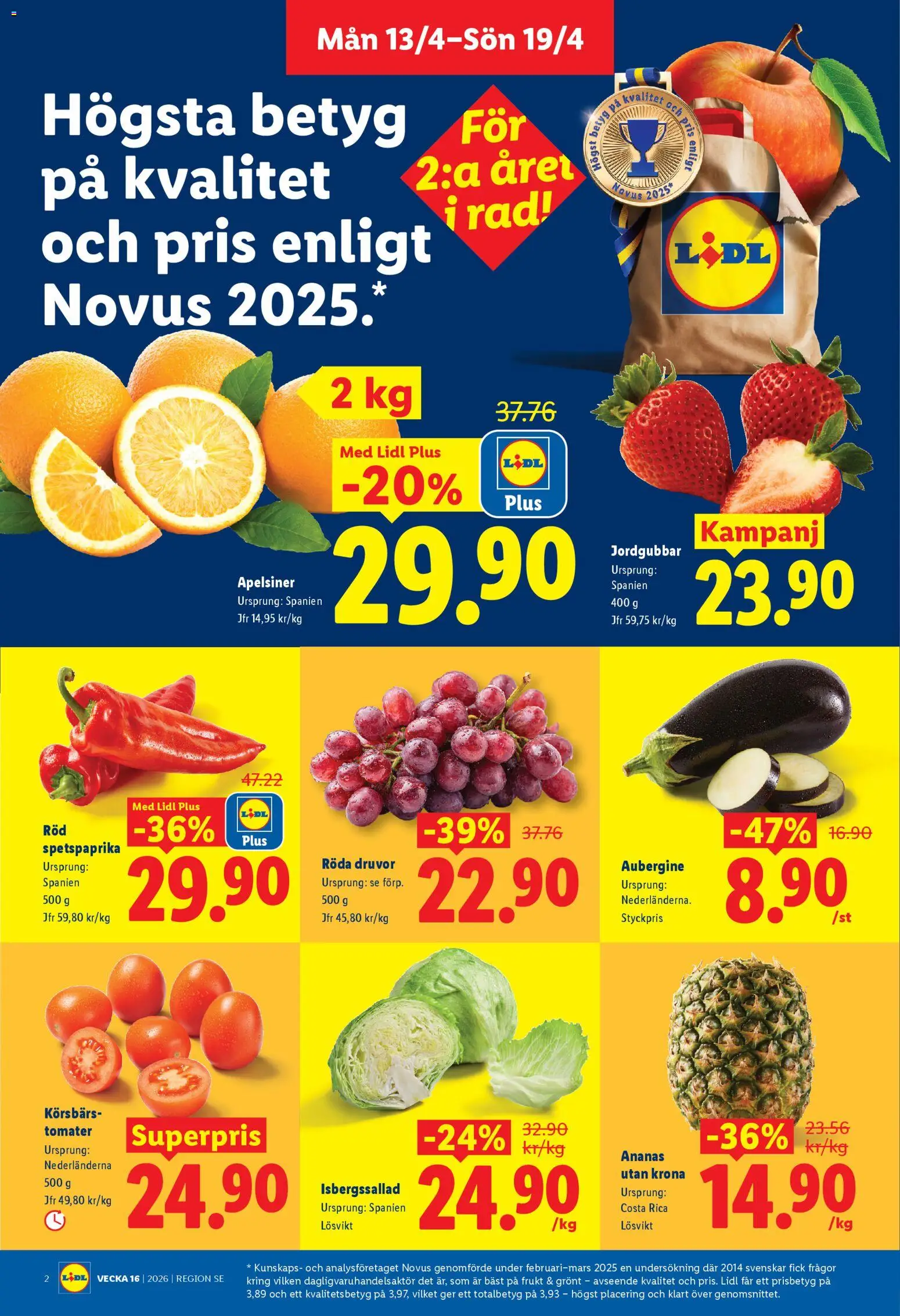 Lidl reklamblad aktuell från 13.04.2026 | Sida: 2 | Produkter: Tomater, Ananas, Jordgubbar, Aubergine