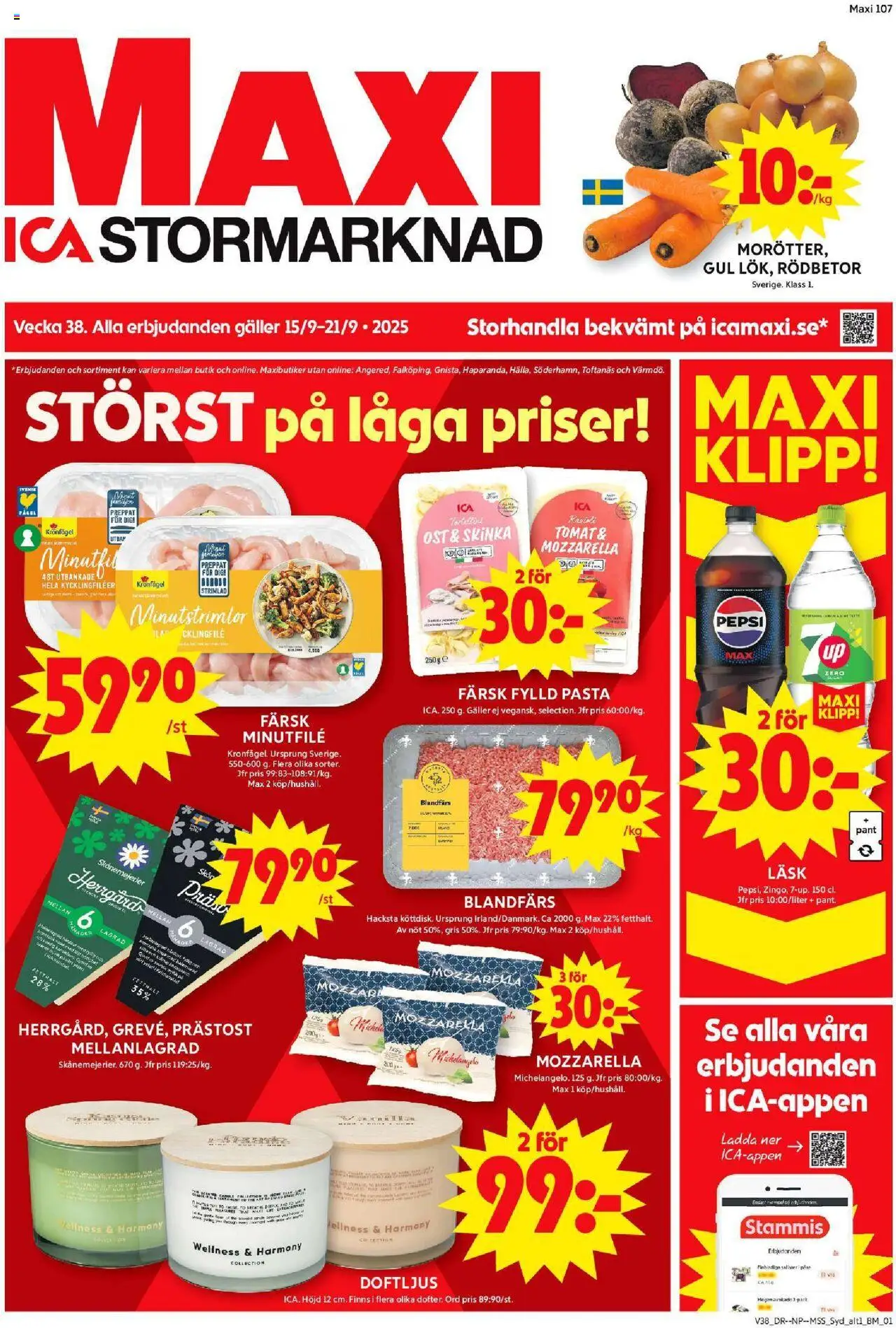 ICA Maxi reklamblad aktuell från 15.09.2025 | Sida: 1 | Produkter: Pepsi, Ost, Skinka, Pasta