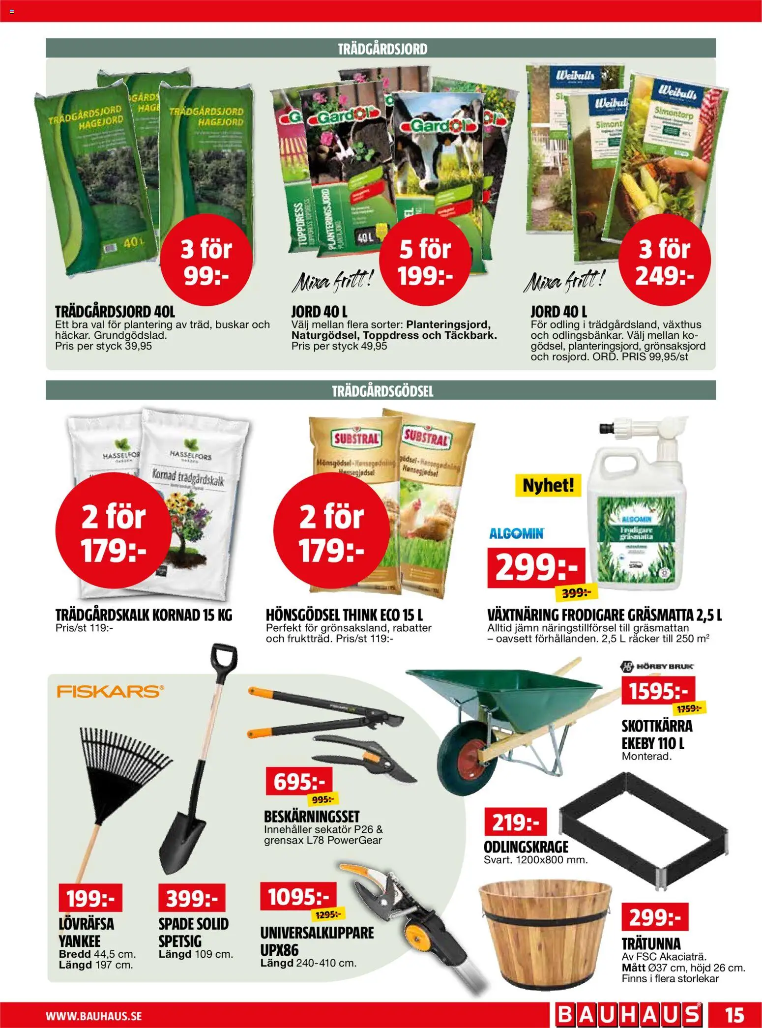 Bauhaus reklamblad aktuell från 01.04.2026 | Sida: 15 | Produkter: Växtnäring, Skottkärra, Hönsgödsel, Grensax
